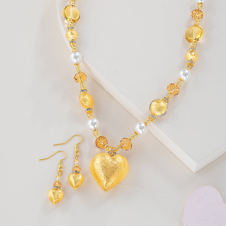 Murano Glass Gold Hearts & Pearls Necklace and Earrings Set