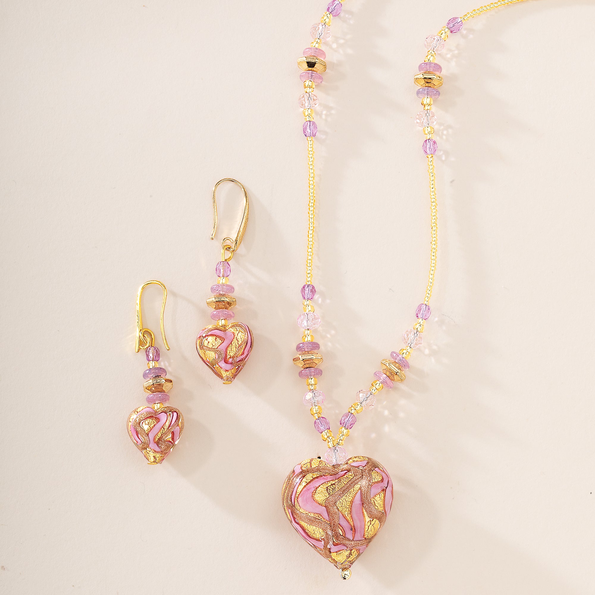 Foil-Kissed Murano Glass Pink Heart Necklace & Earrings Set