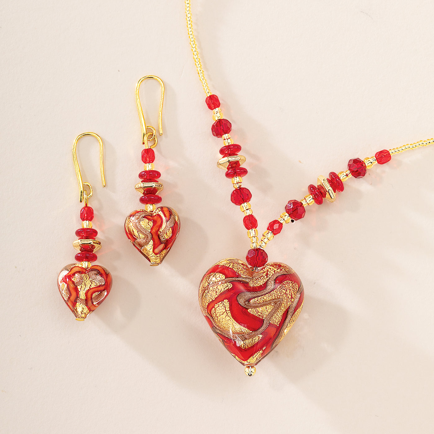Foil-Kissed Murano Glass Red Heart Necklace & Earrings Set