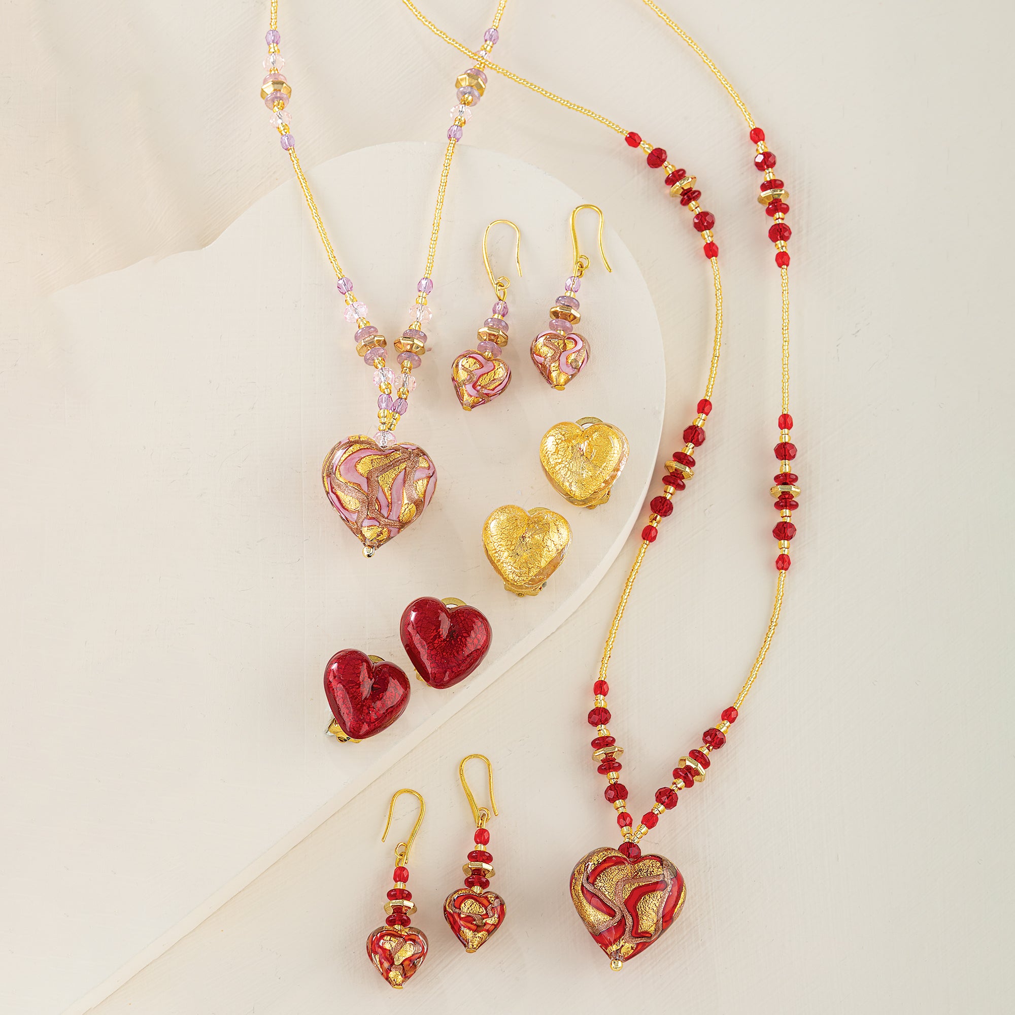 Foil-Kissed Murano Glass Pink Heart Necklace & Earrings Set