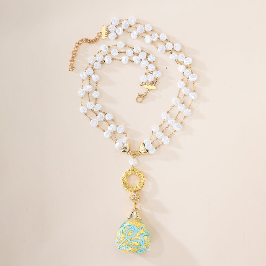 Murano Glass Swirl Teardrop Pendant & Pearl Necklace