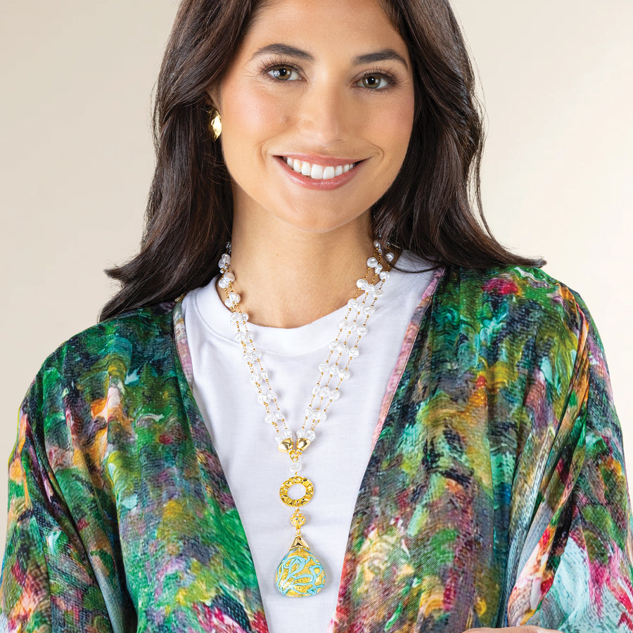 Murano Glass Swirl Teardrop Pendant & Pearl Necklace