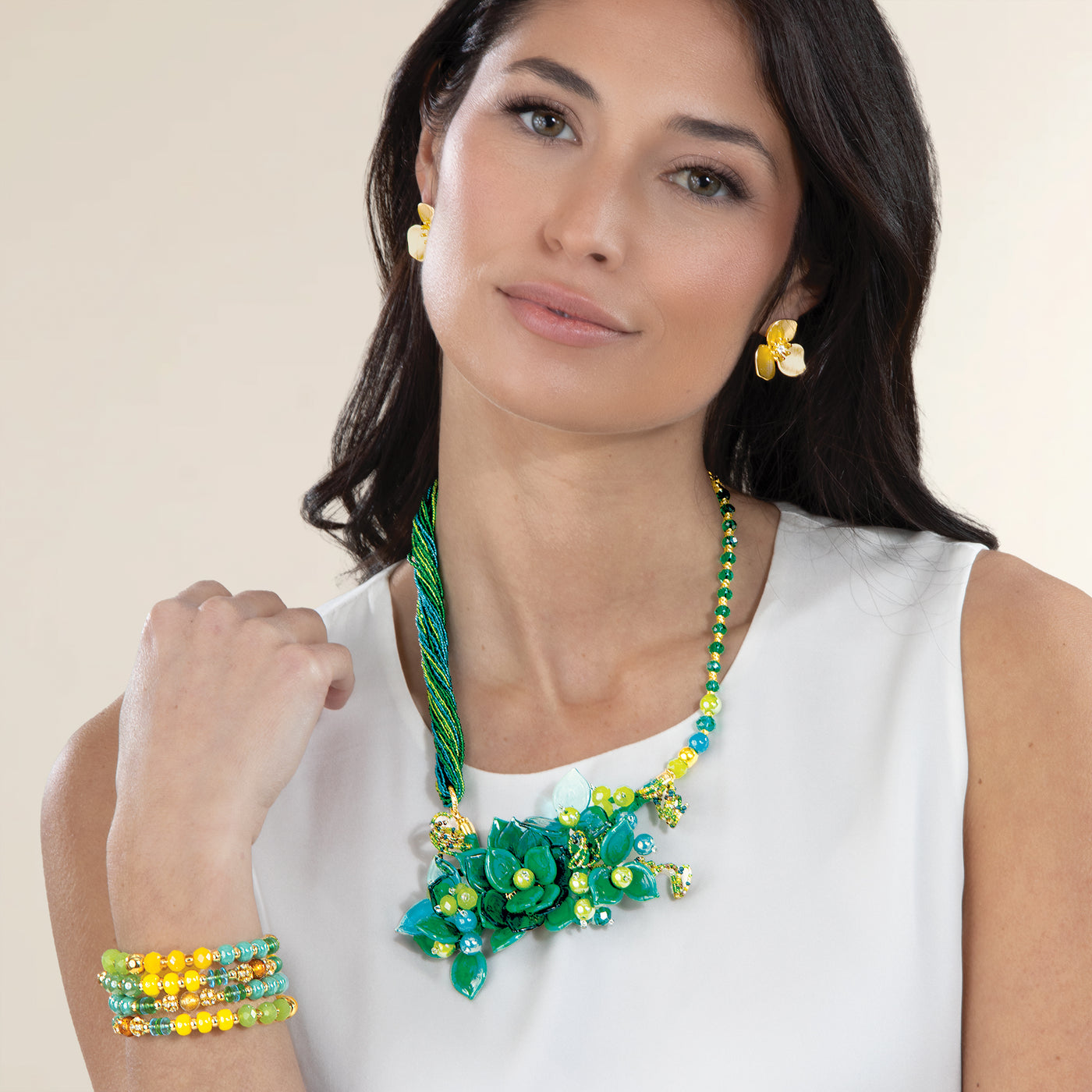 Murano Glass Green Garden Beaded Coil Bracelet