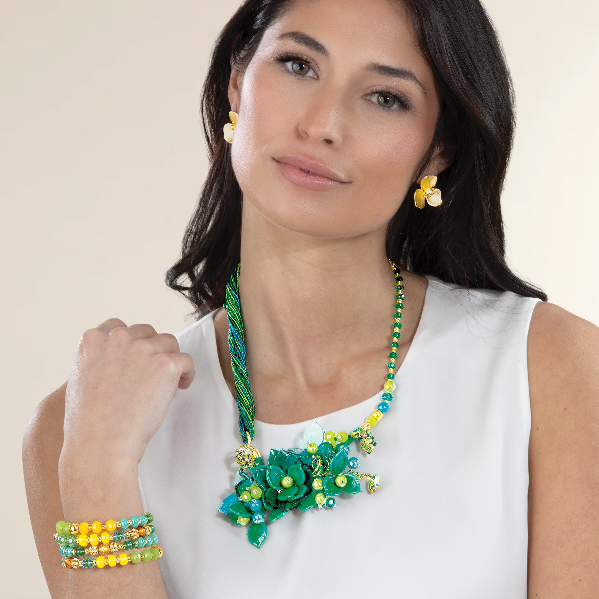 Murano Glass Green Garden Beaded Coil Bracelet