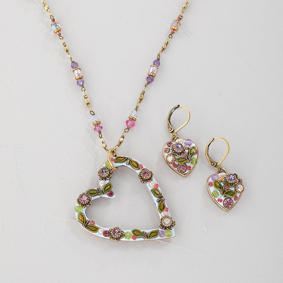 Shimmering Lilac Heart Pendant Necklace & Earrings Set