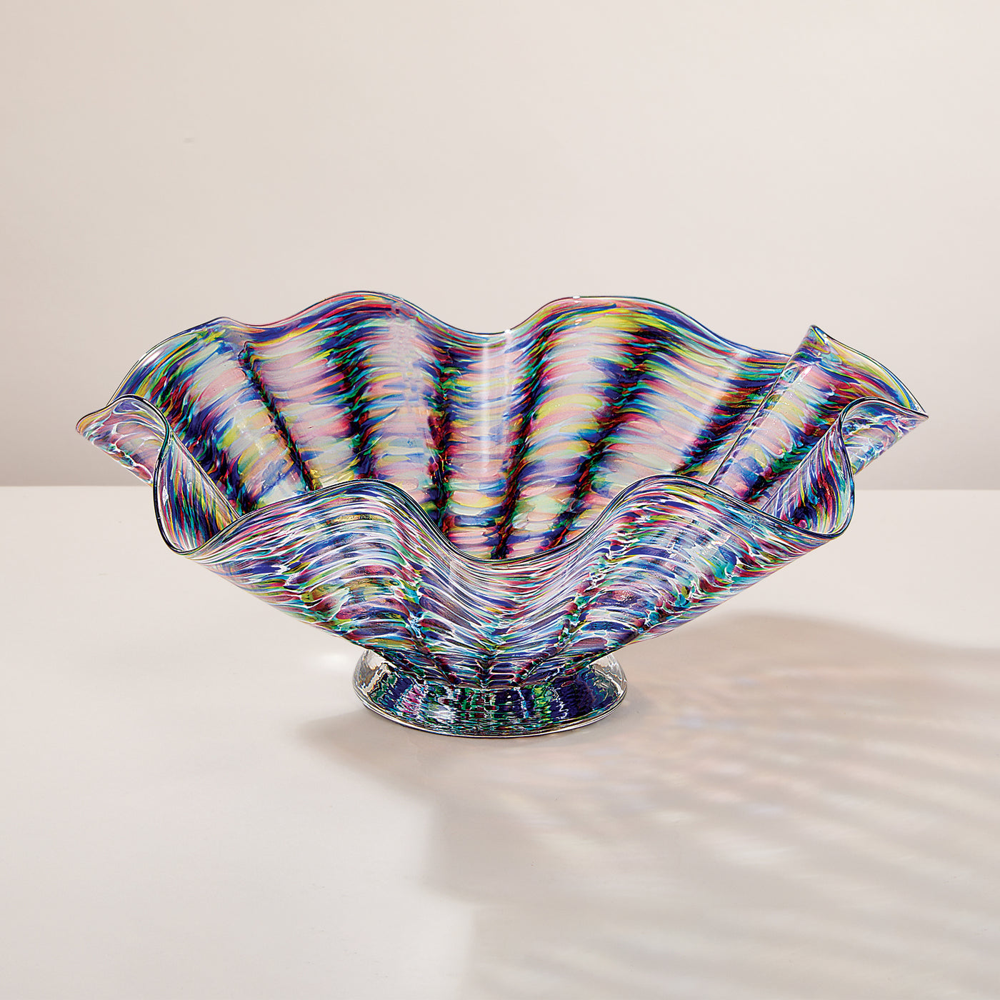 Hand-Blown Fluted Rainbow Glass Bowl