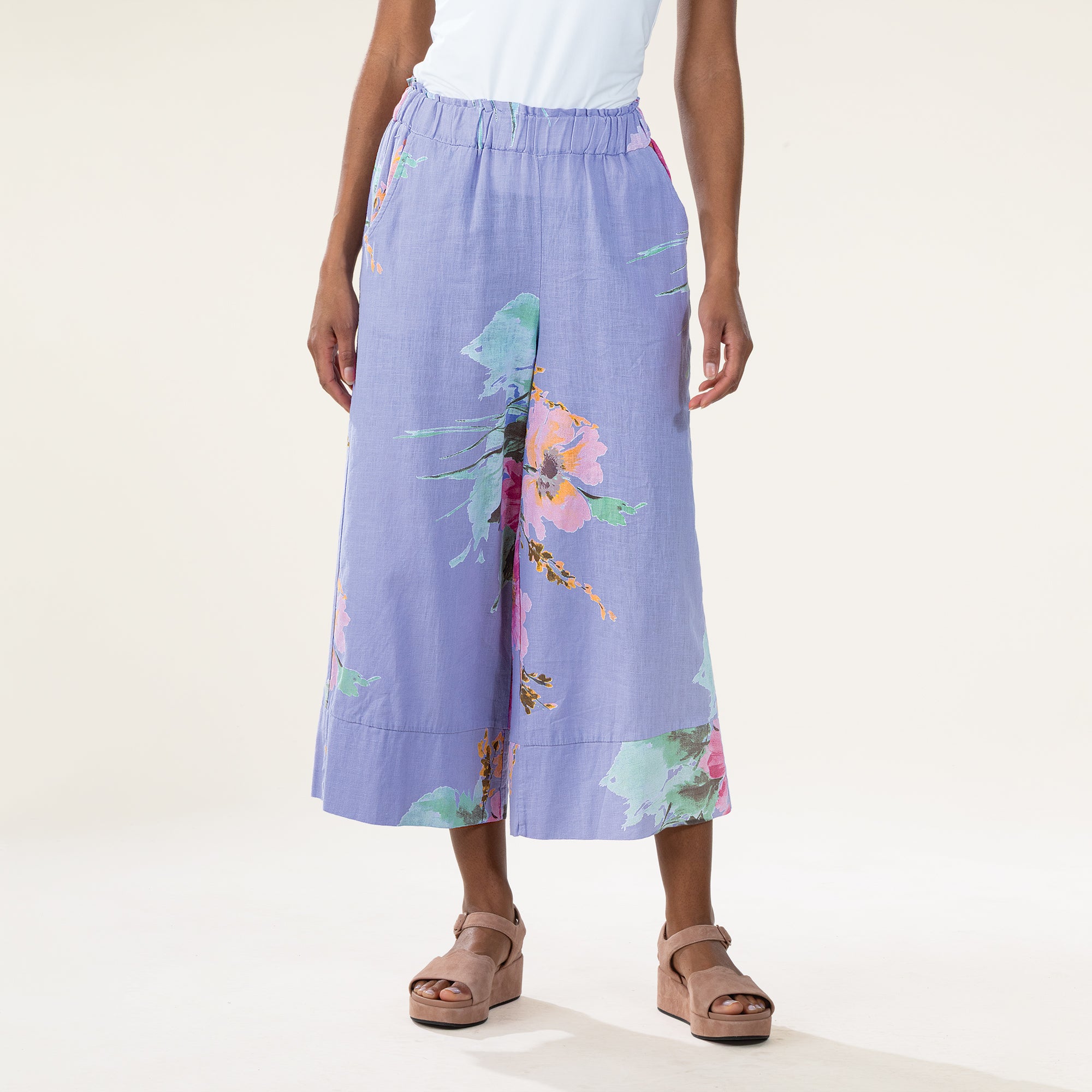 Lavender Floral Italian Linen Wide-Leg Pants