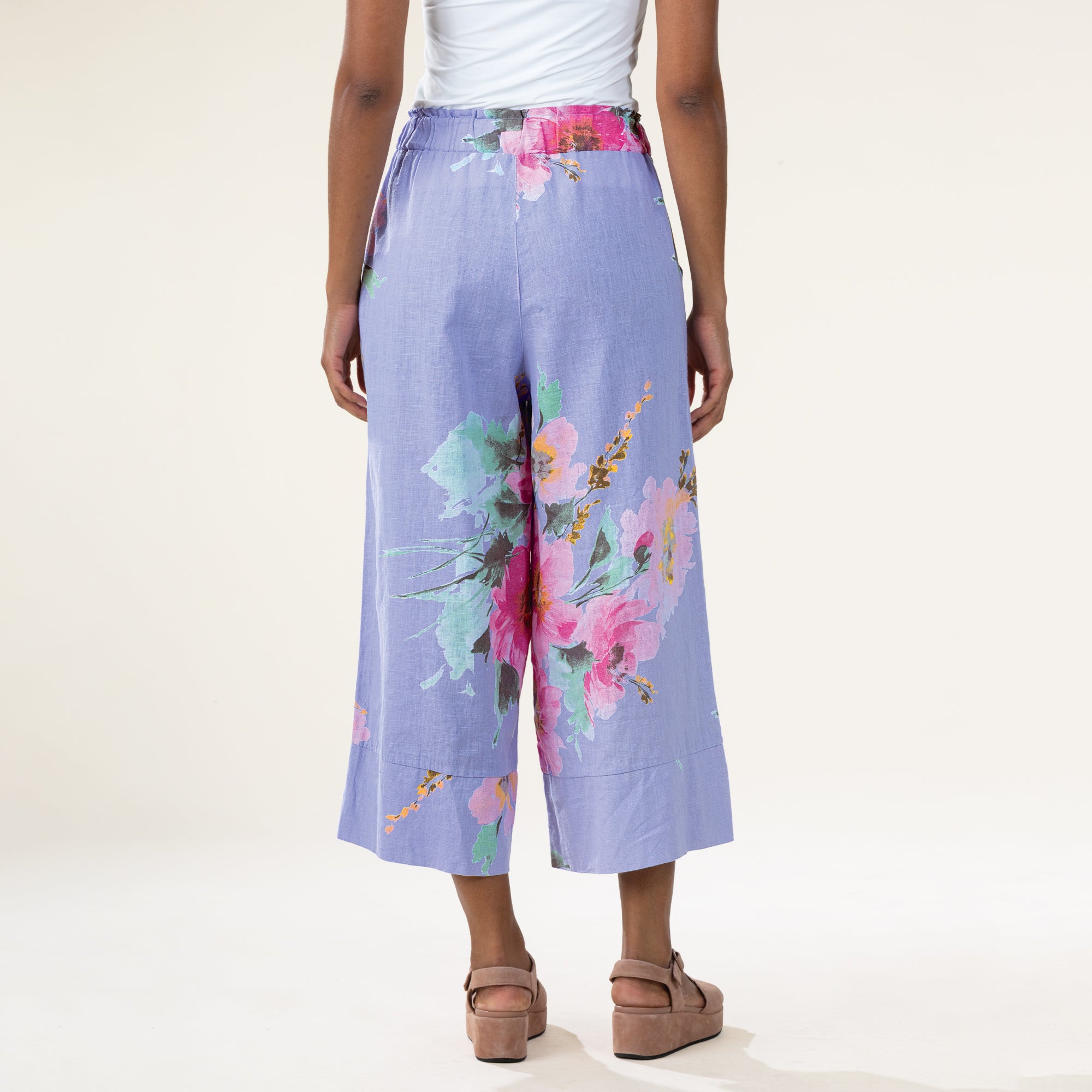 Lavender Floral Italian Linen Wide-Leg Pants
