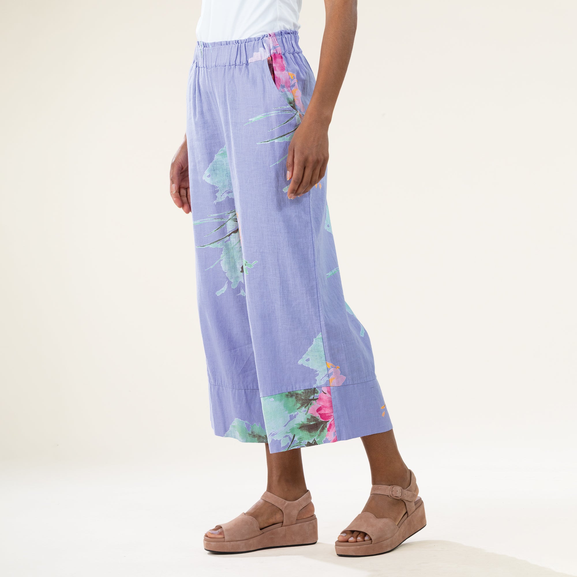 Lavender Floral Italian Linen Wide-Leg Pants