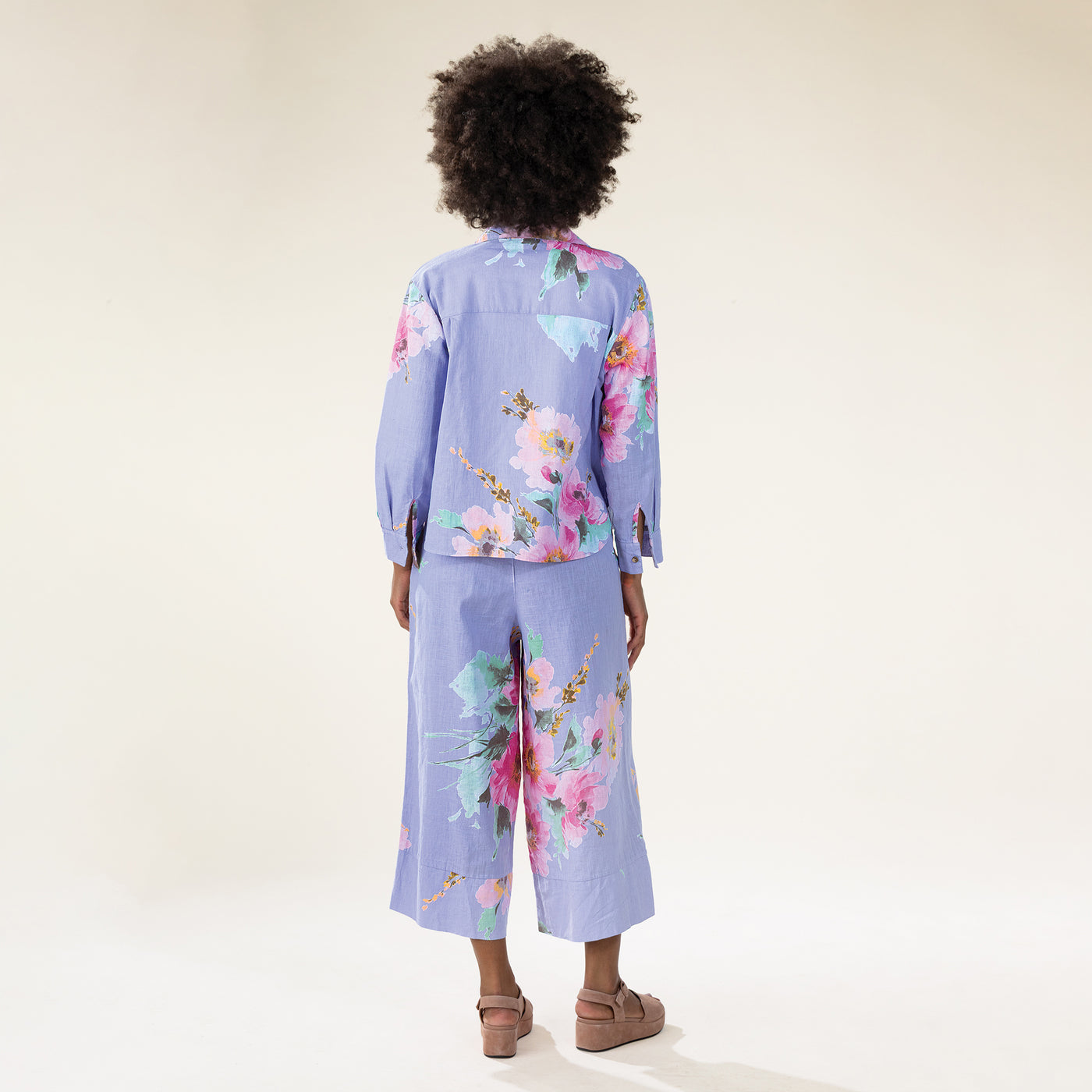 Lavender Floral Italian Linen Wide-Leg Pants