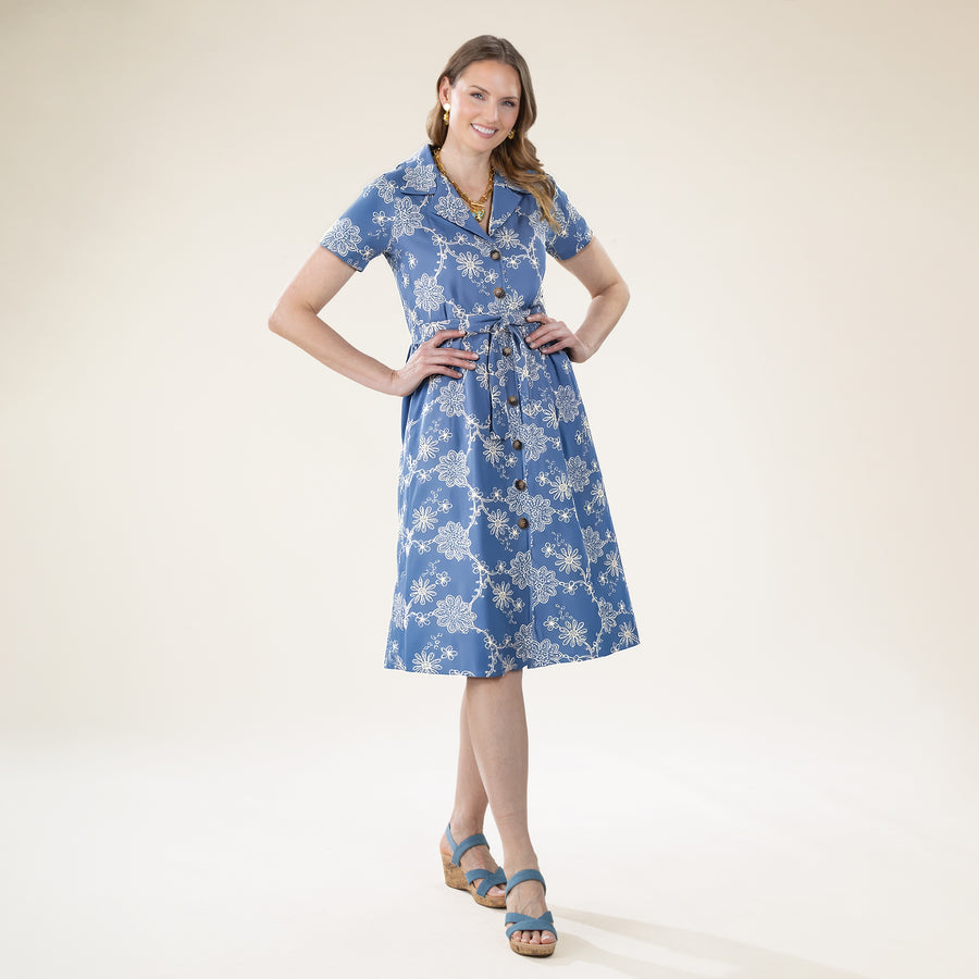 Embroidered European Marine Blue Dress