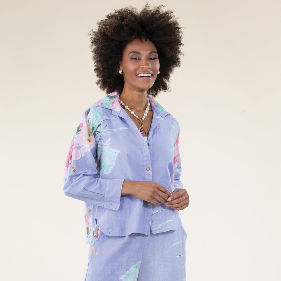 Lavender Floral Italian Linen Button-Up Blouse