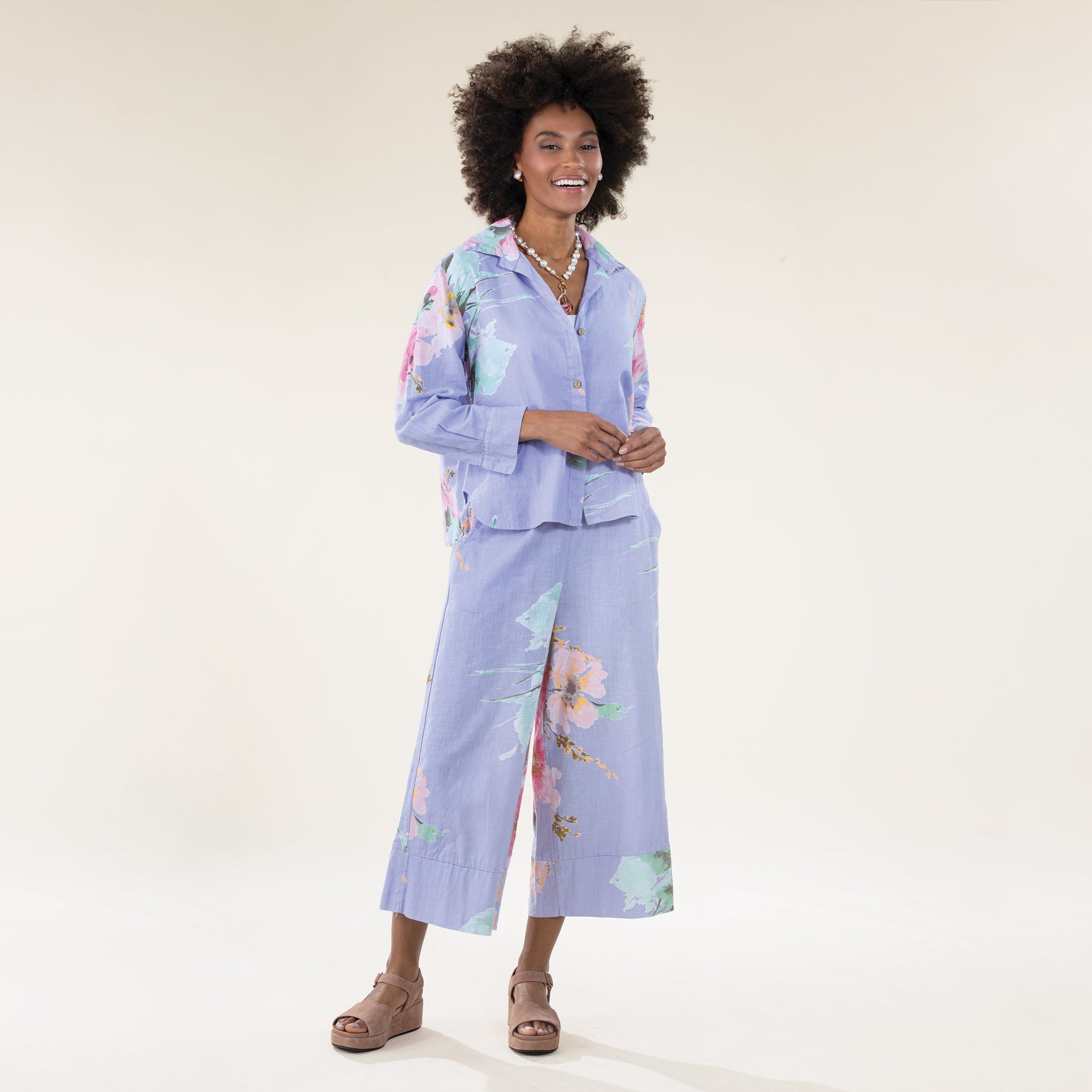 Lavender Floral Italian Linen Button-Up Blouse