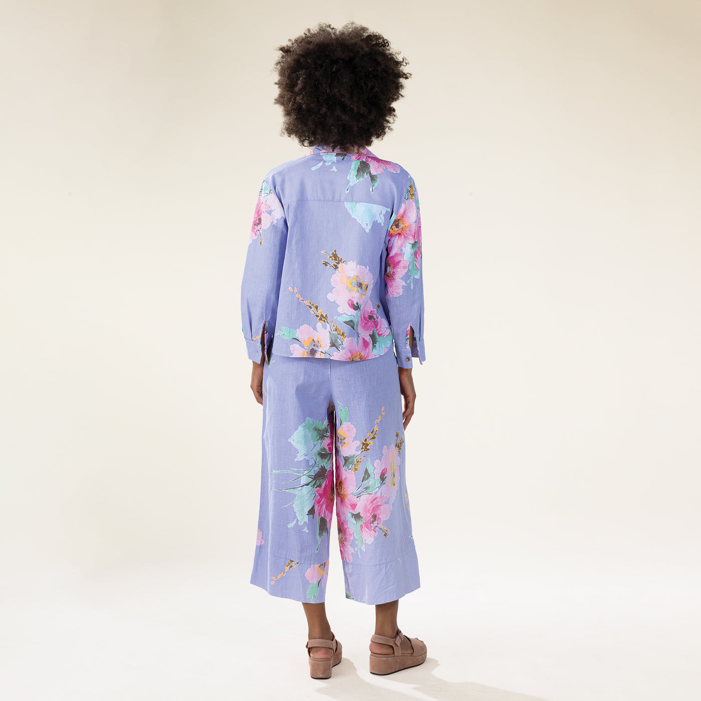 Lavender Floral Italian Linen Button-Up Blouse