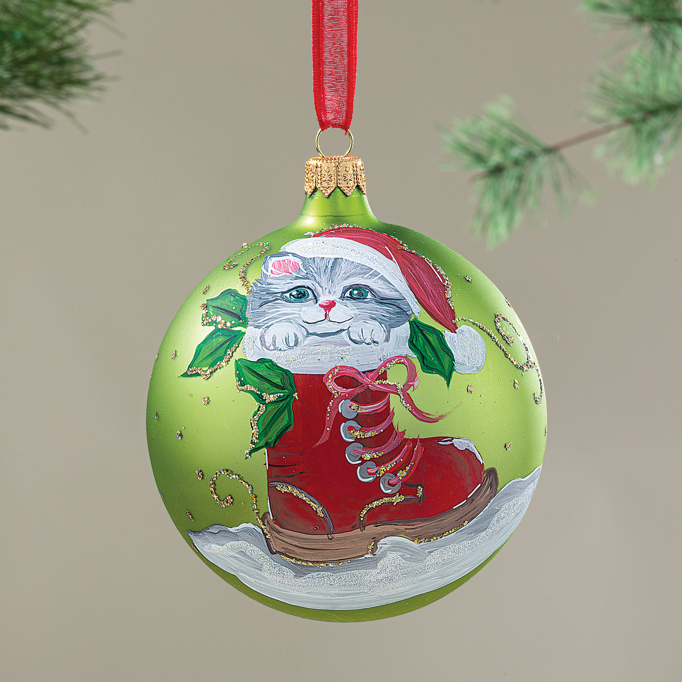 Hand-Painted Lago Di Como Santa Cat Ornament
