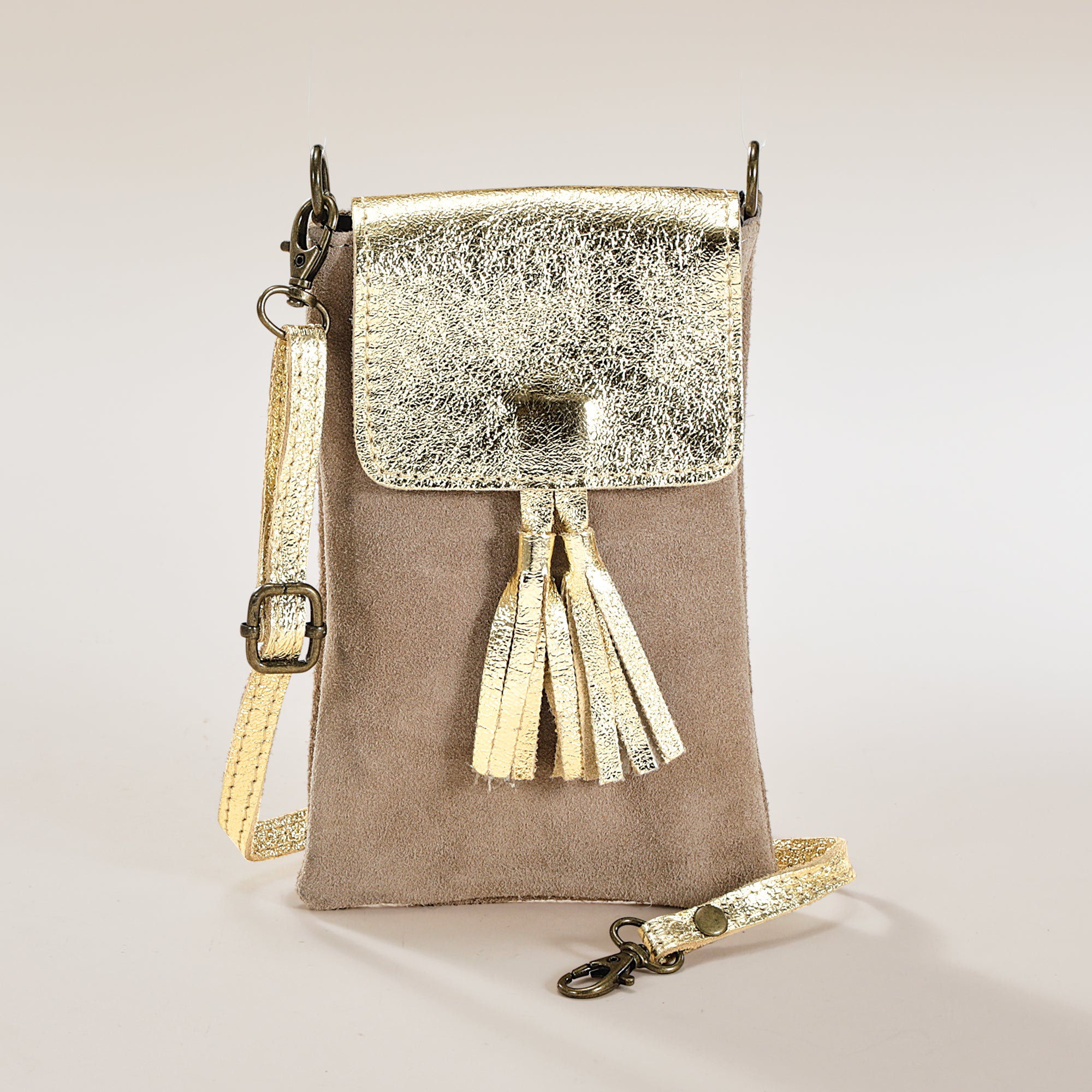 Volterra Italian Suede & Metallic Leather Cellphone Crossbody