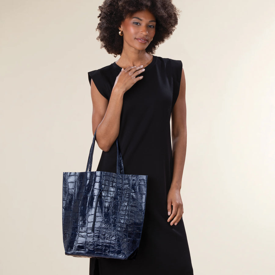 Francesca Navy Croco Italian Leather Tote