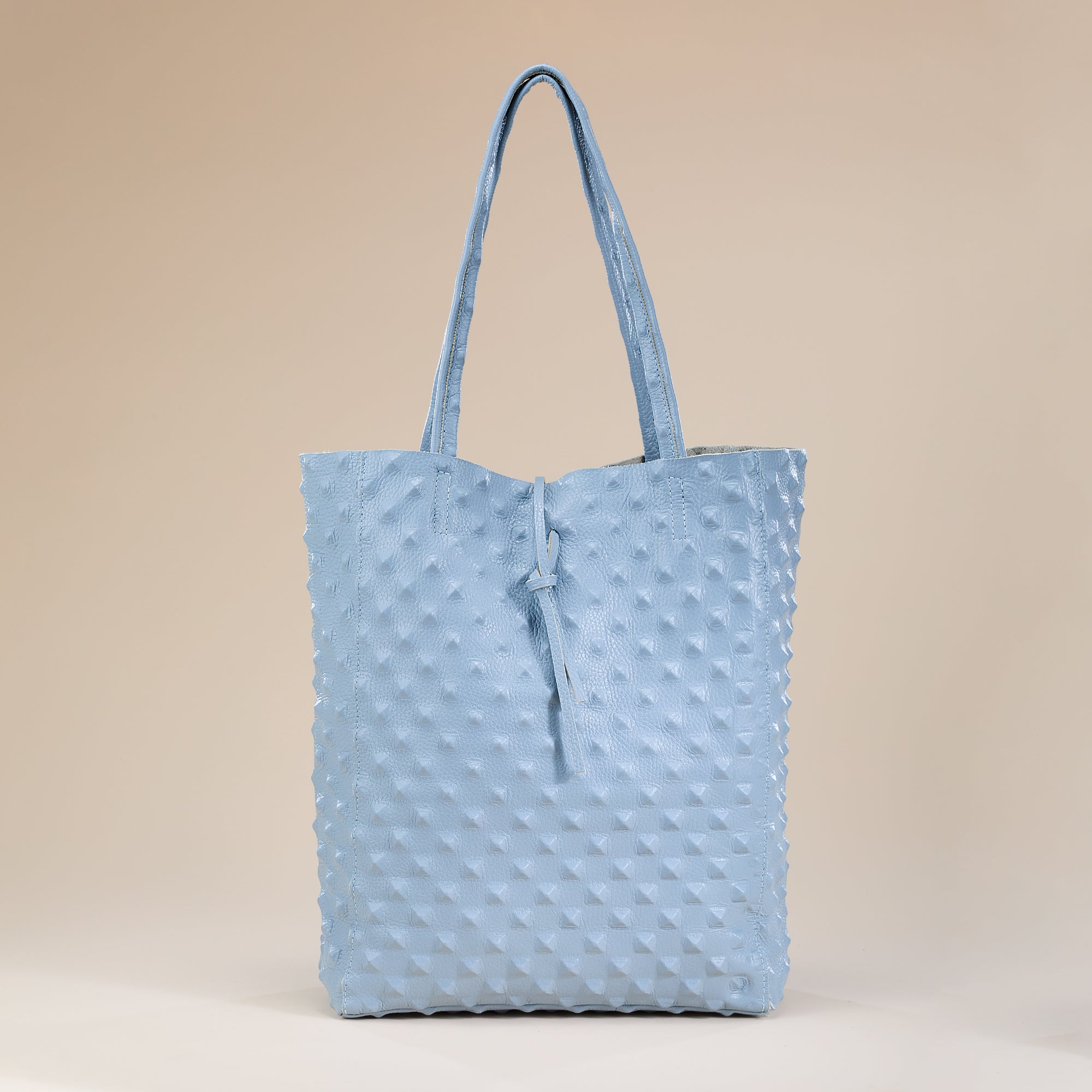 Francesca Sky Blue Ostrich Studded Italian Leather Tote