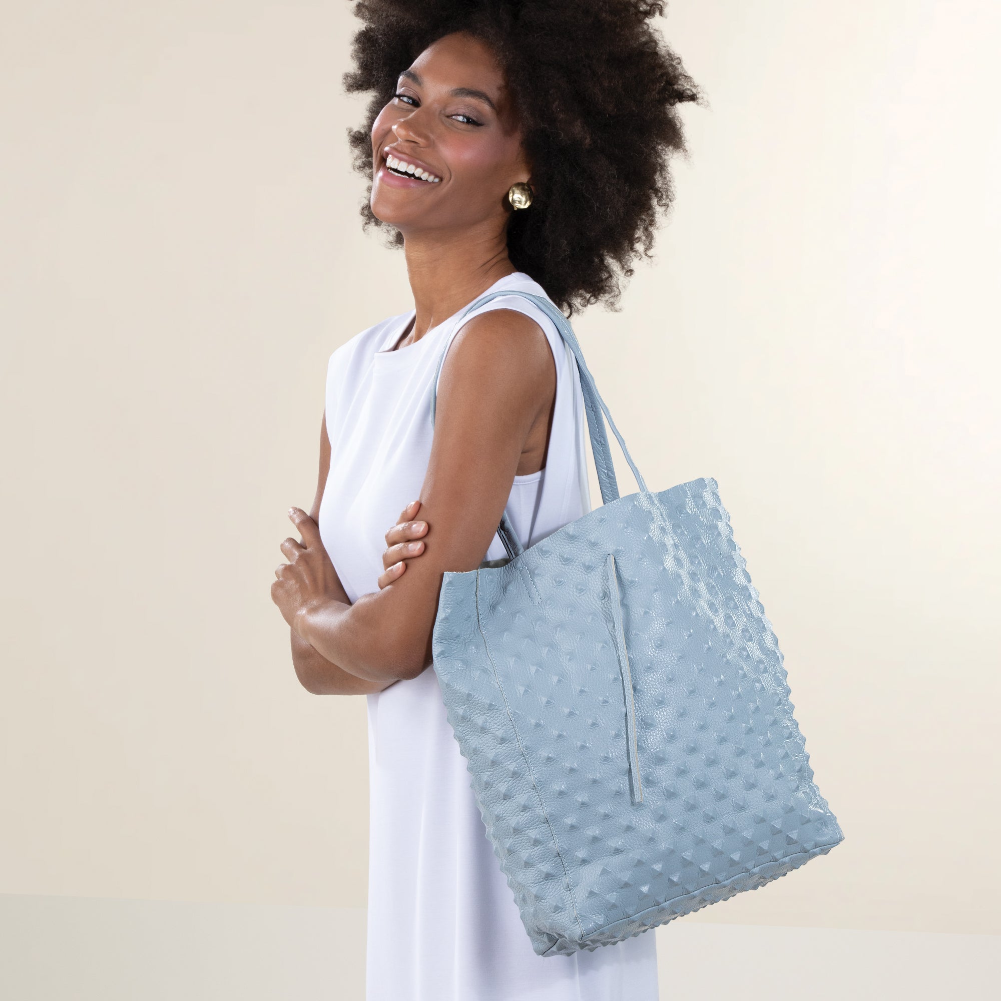Francesca Sky Blue Ostrich Studded Italian Leather Tote