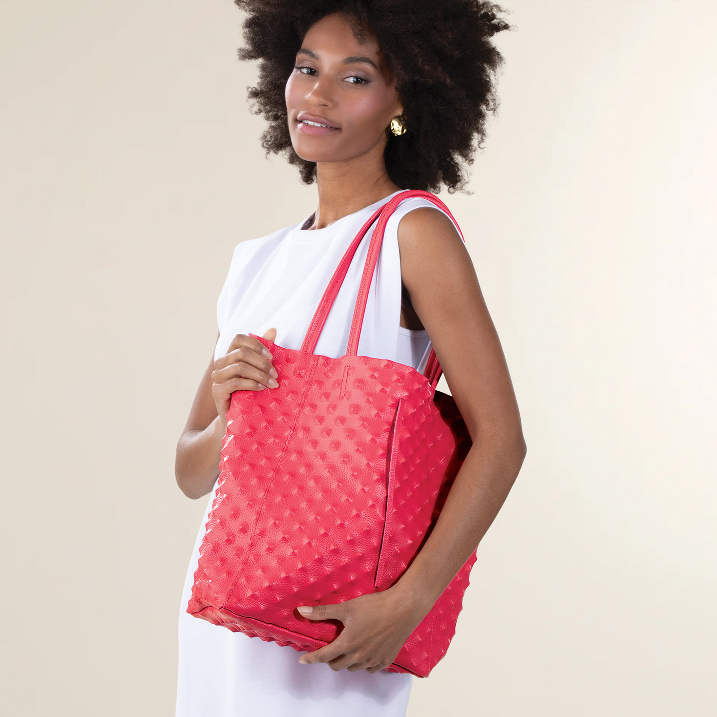 Francesca Peach Ostrich Studded Italian Leather Tote