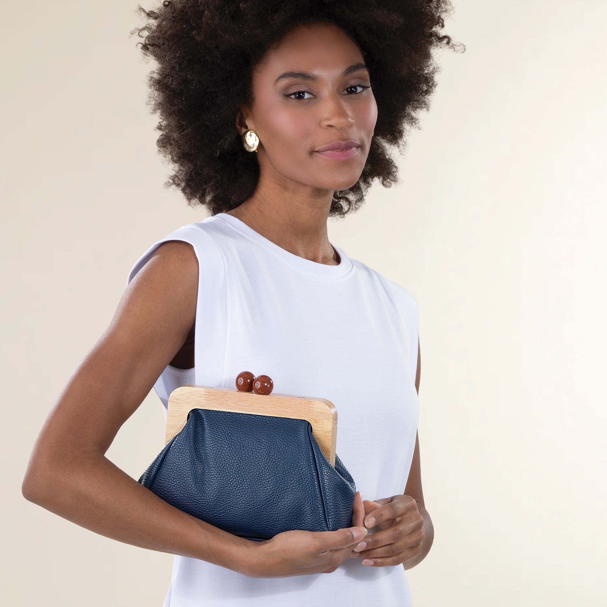 Frascati Navy Italian Leather Wood Frame Clutch