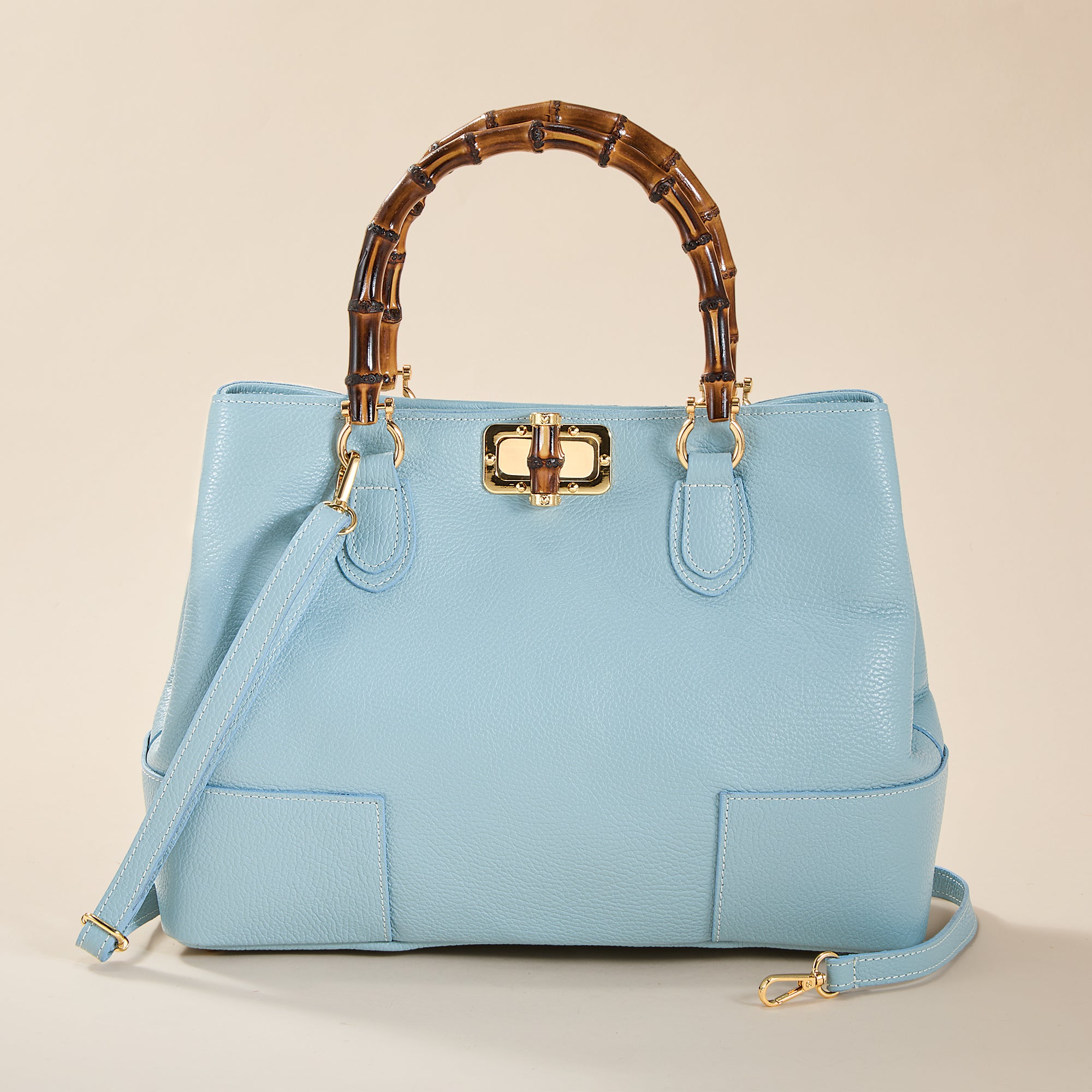 Treviso Light Blue Italian Leather & Bamboo Tote