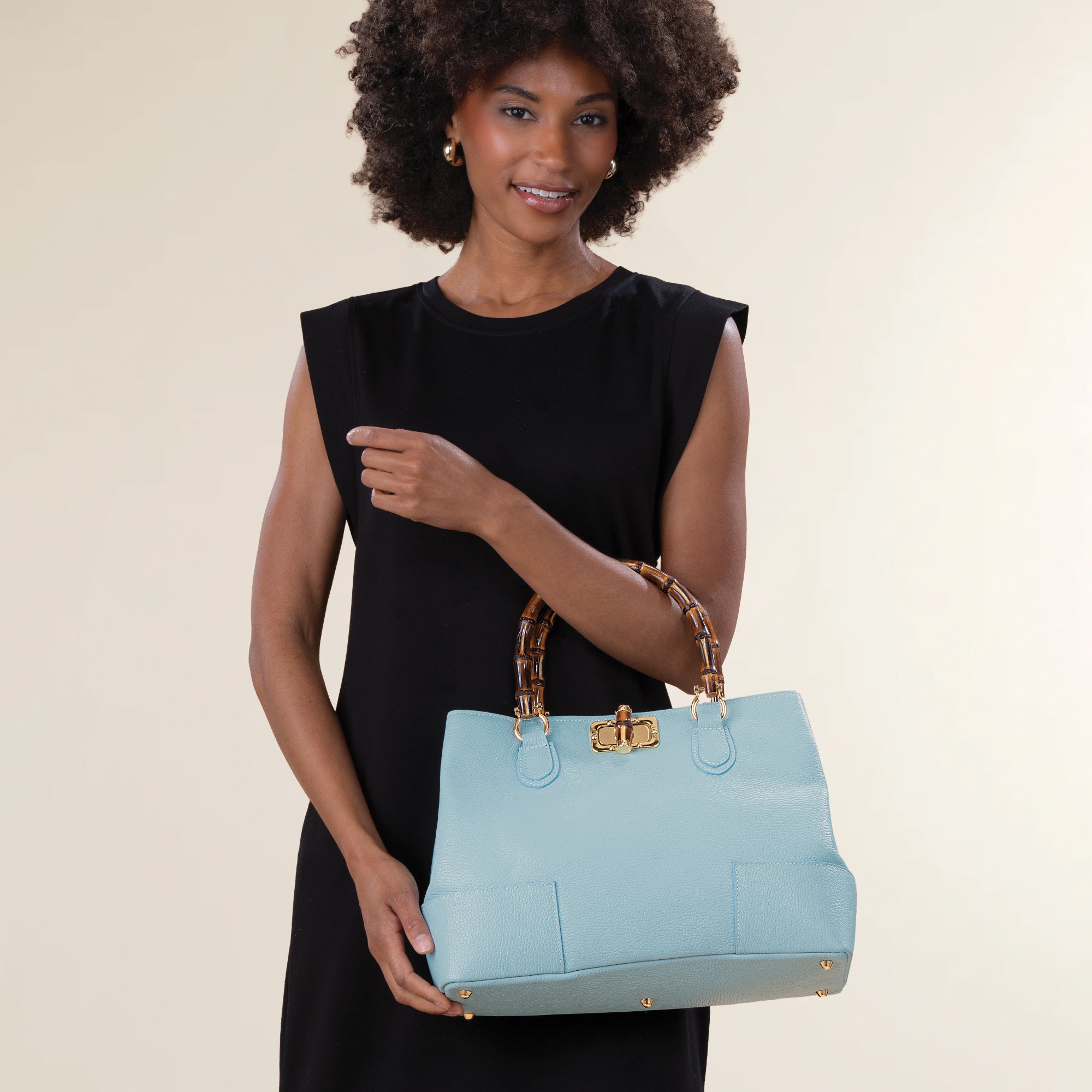 Treviso Light Blue Italian Leather & Bamboo Tote
