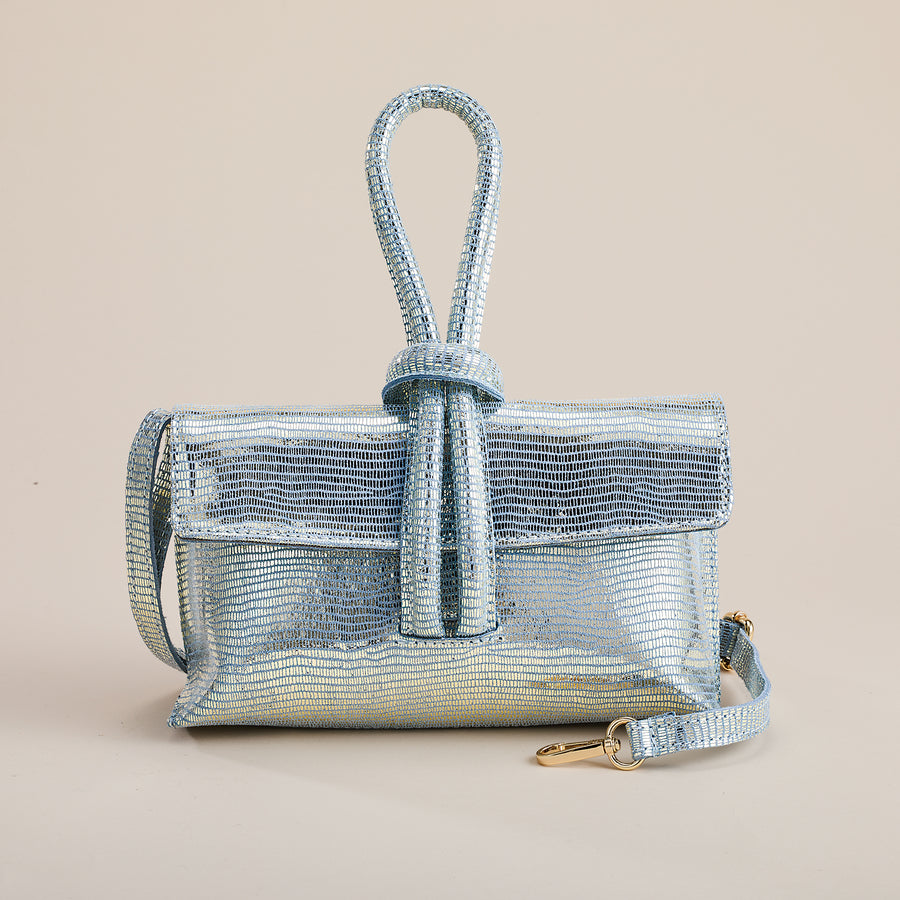 Puglia Sky Blue Metallic Italian Leather Clutch