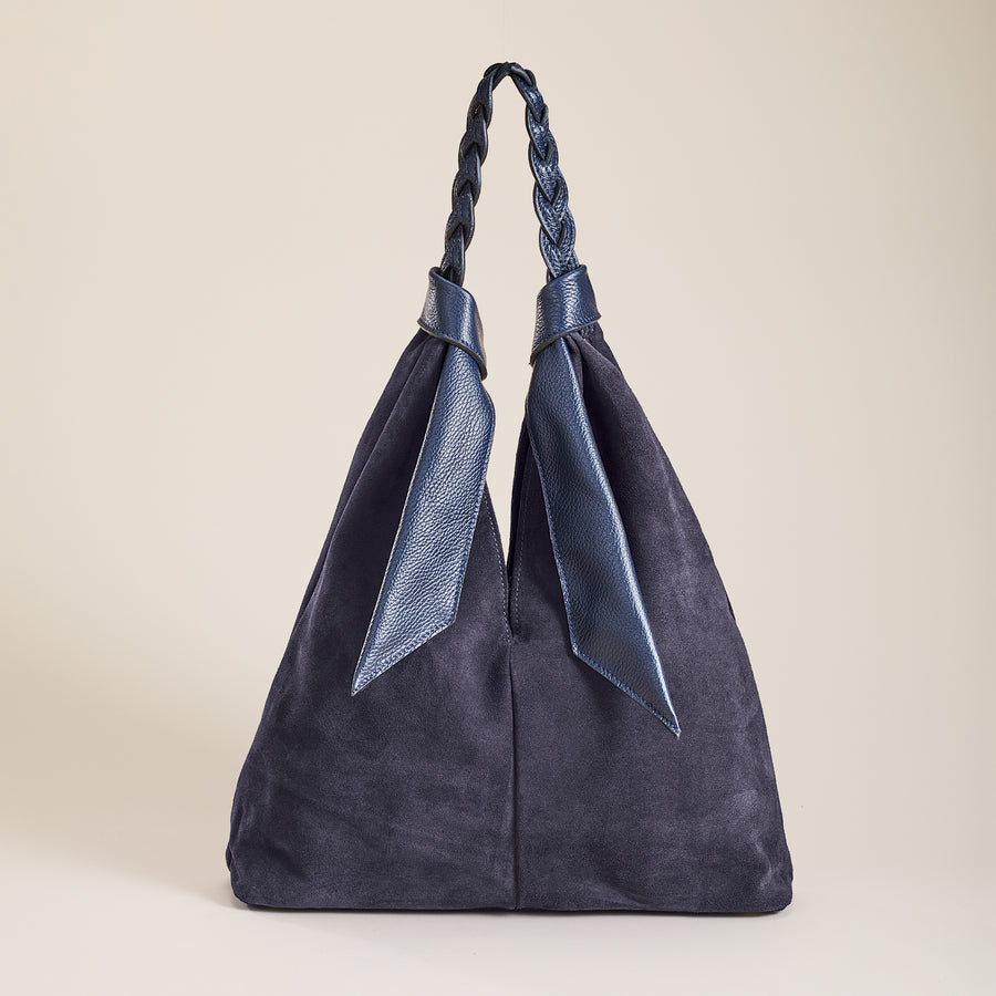 Campania Navy Italian Leather & Suede Hobo Style Bag