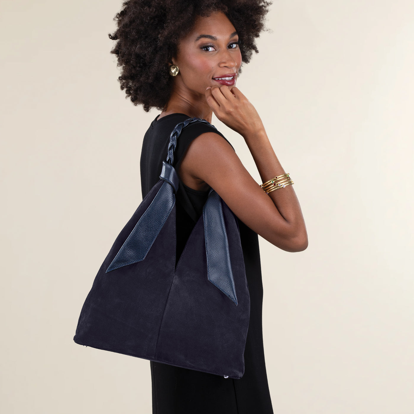 Campania Navy Italian Leather & Suede Hobo Style Bag