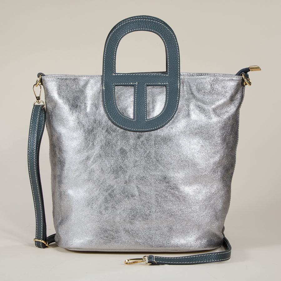 Monforte Silver Metallic Italian Leather Tote