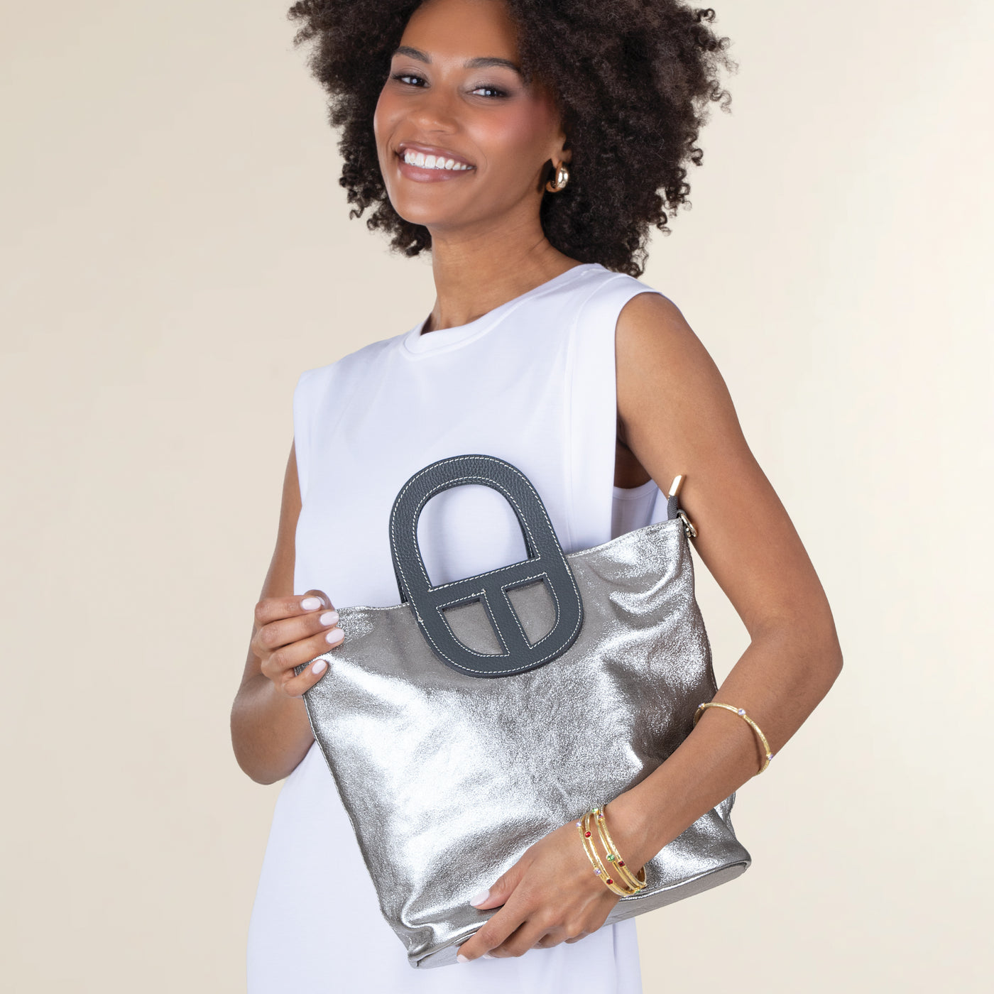 Monforte Silver Metallic Italian Leather Tote