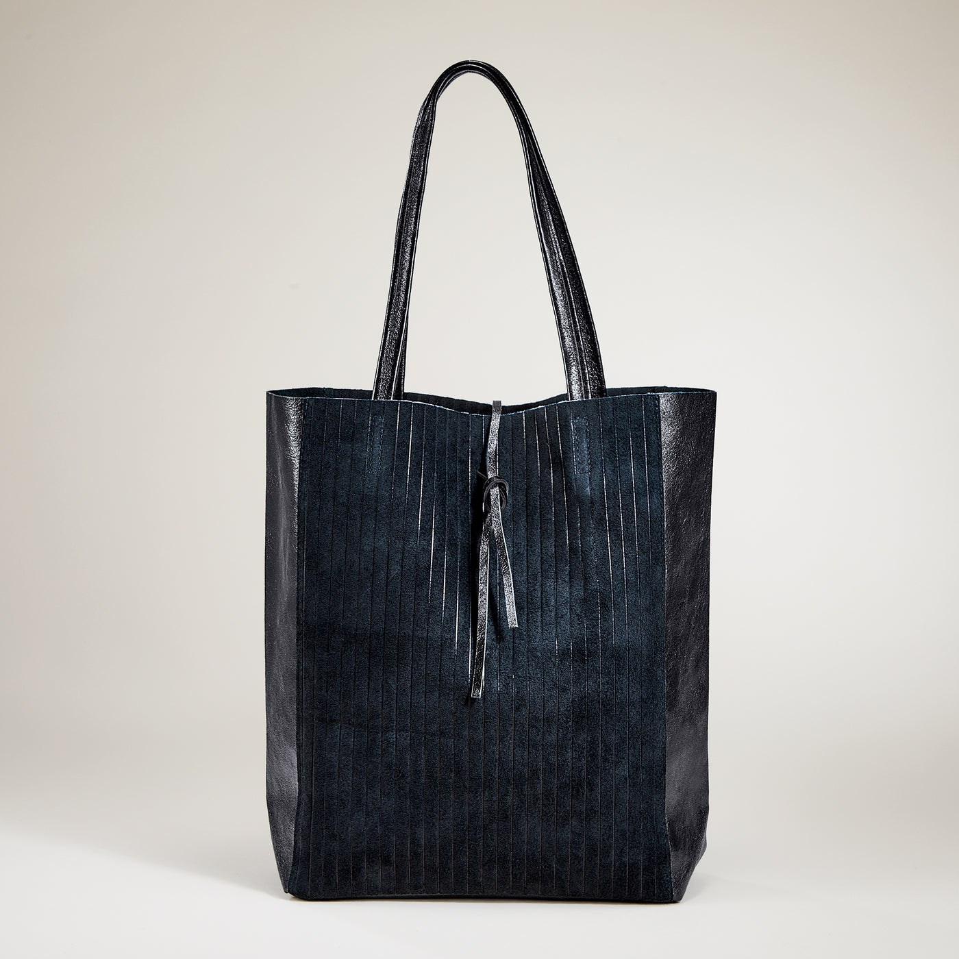 Francesca Mixed Materials Metallic Black Italian Leather & Suede Tote