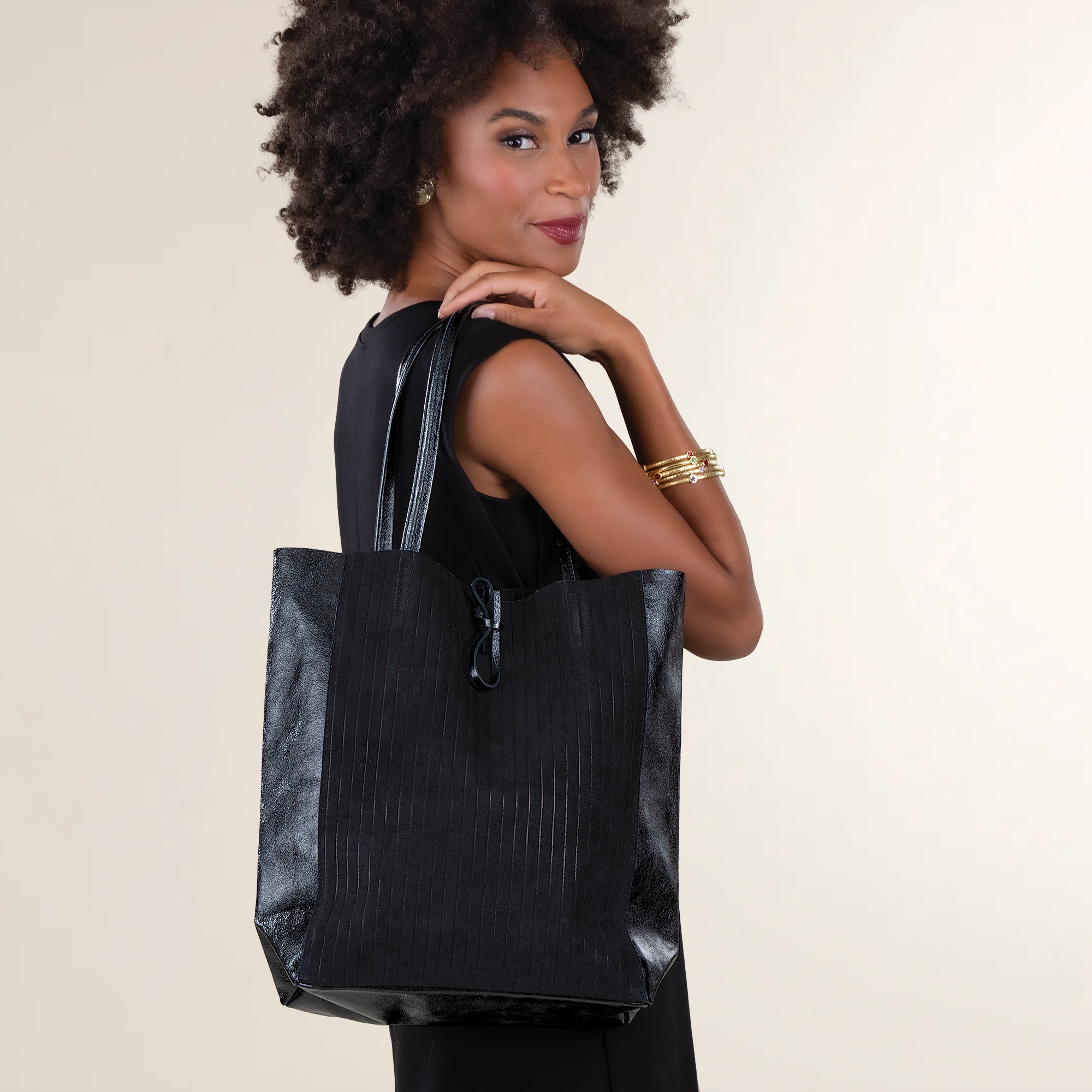 Francesca Mixed Materials Metallic Black Italian Leather & Suede Tote