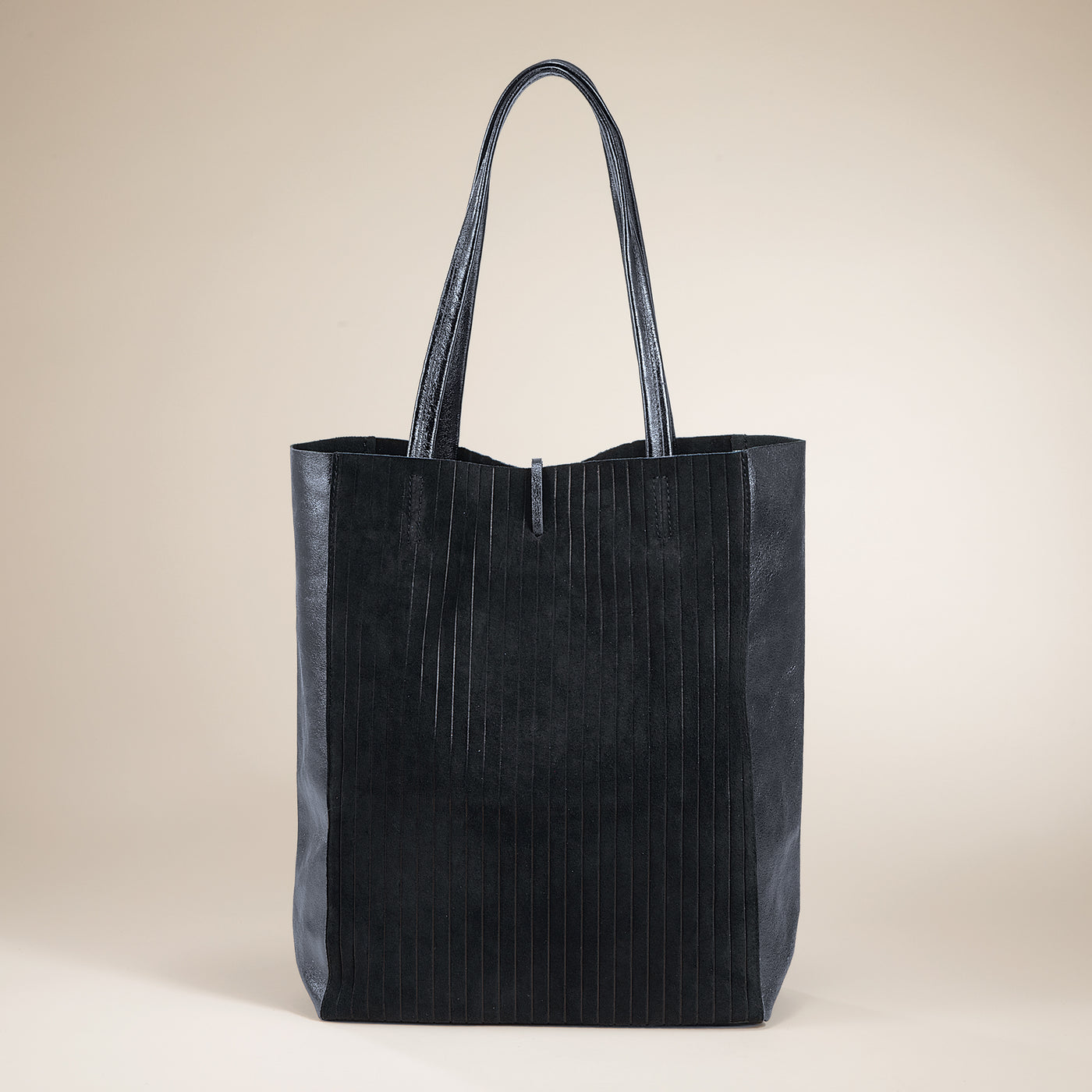 Francesca Mixed Materials Metallic Black Italian Leather & Suede Tote