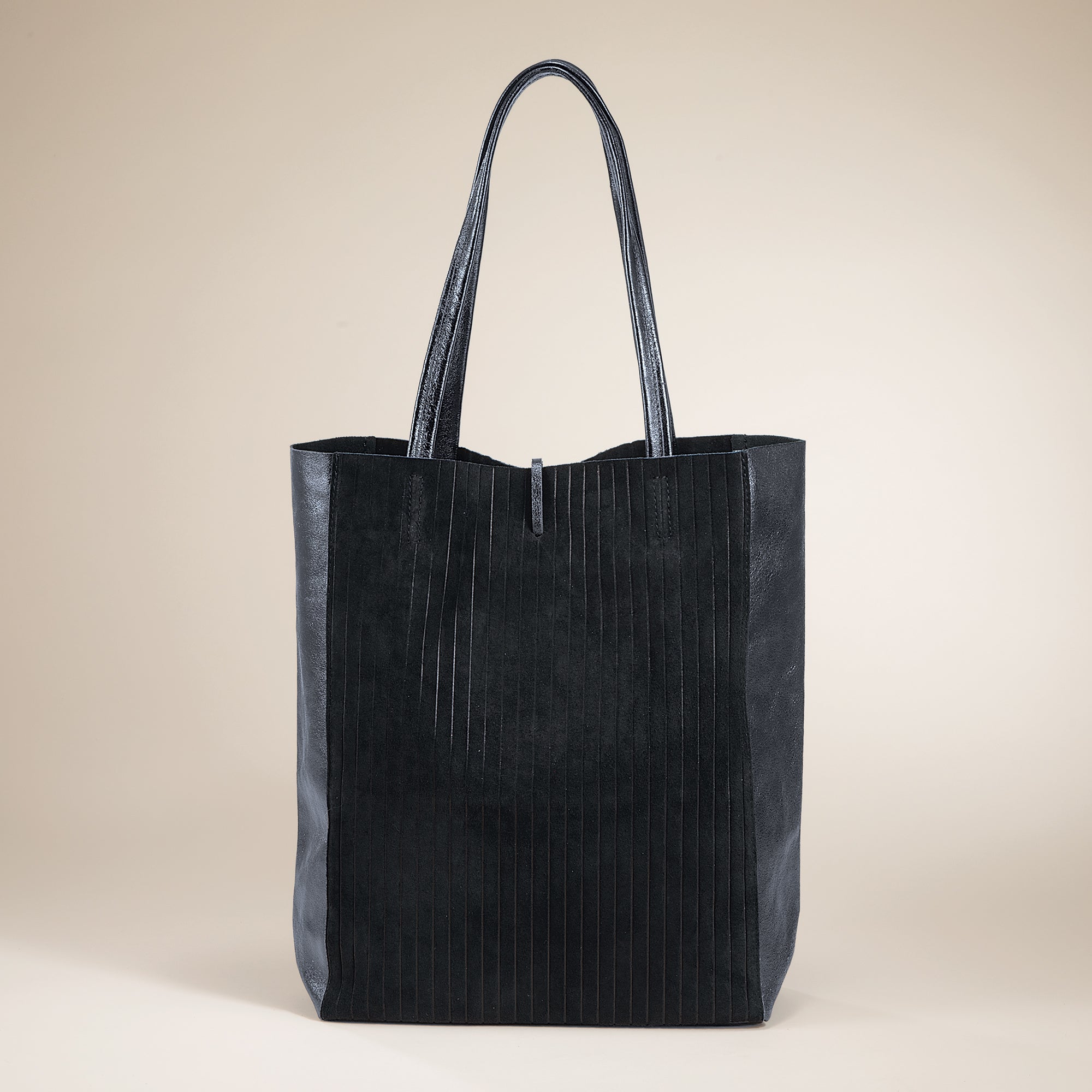 Francesca Mixed Materials Metallic Black Italian Leather & Suede Tote