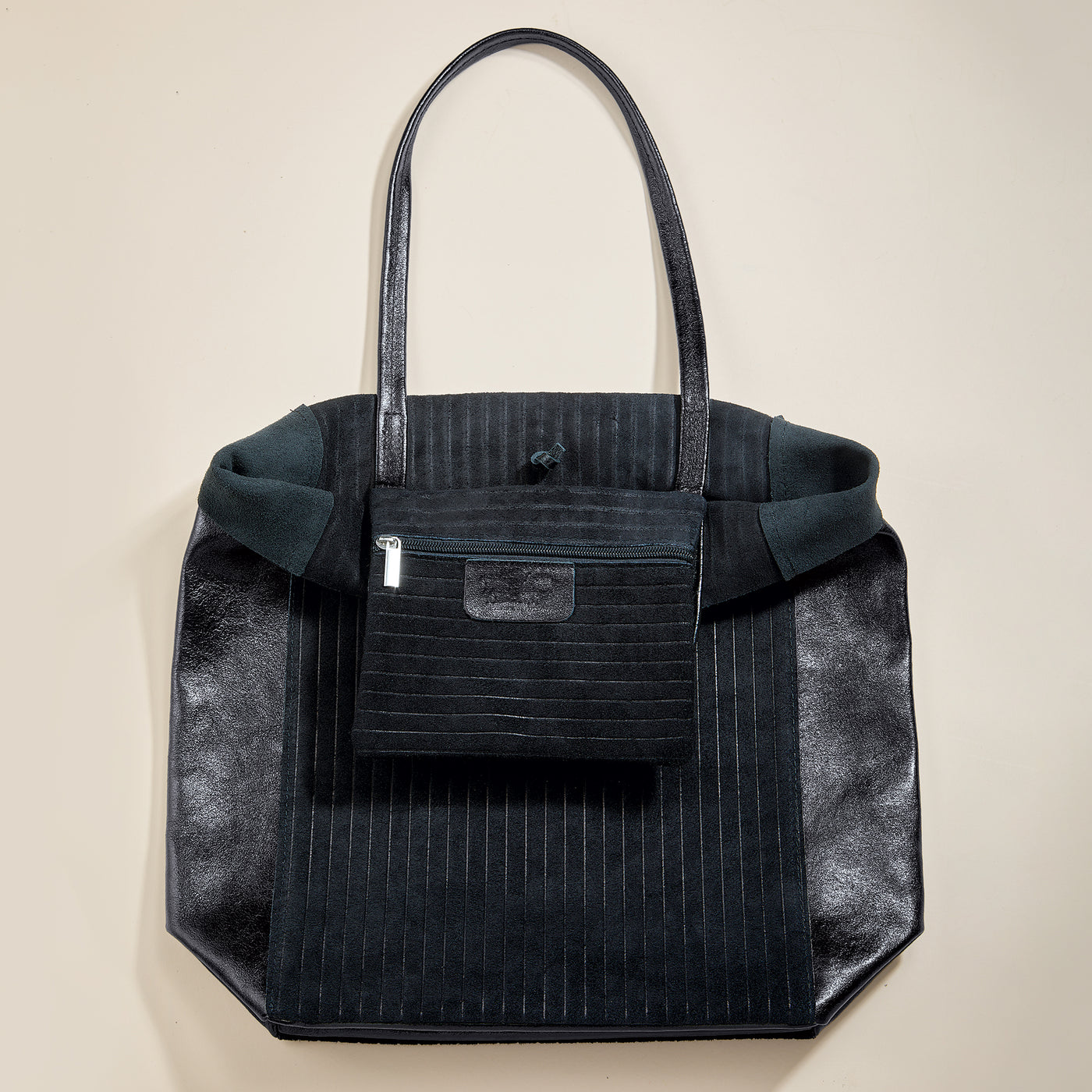 Francesca Mixed Materials Metallic Black Italian Leather & Suede Tote
