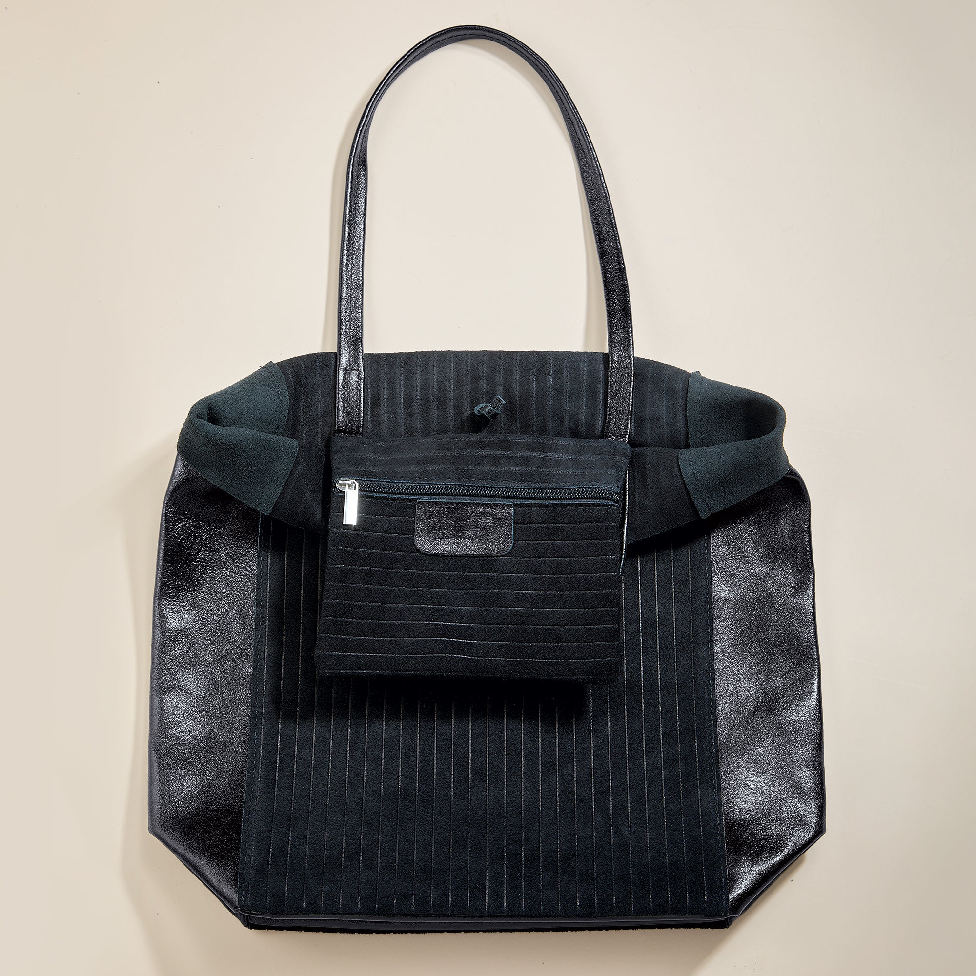 Francesca Mixed Materials Metallic Black Italian Leather & Suede Tote