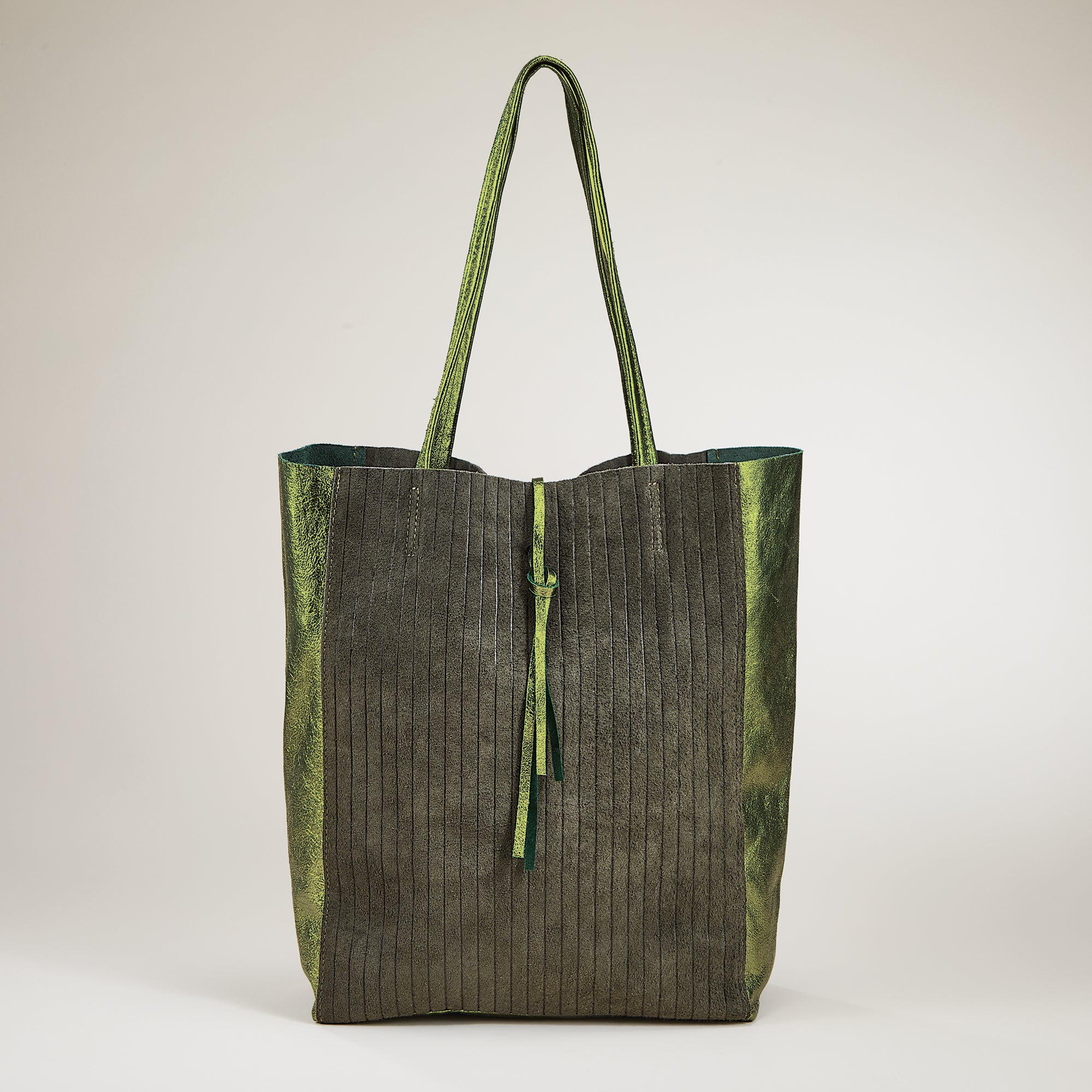 Francesca Mixed Materials Metallic Green Italian Leather & Suede Tote