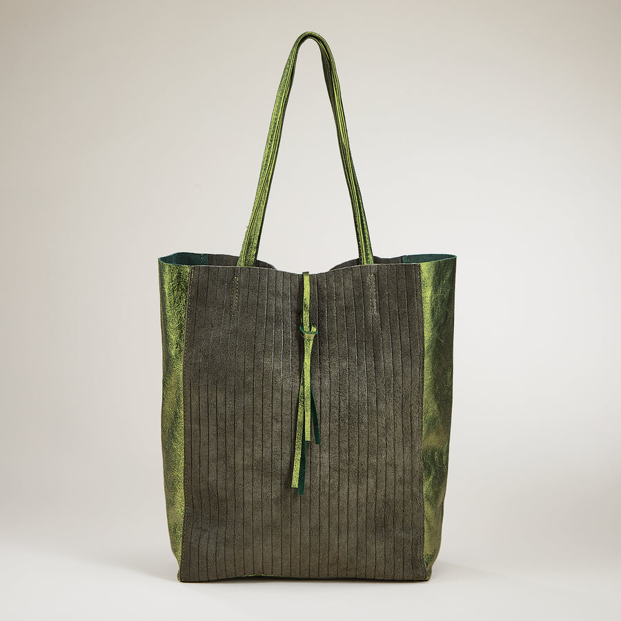 Francesca Mixed Materials Metallic Green Italian Leather & Suede Tote