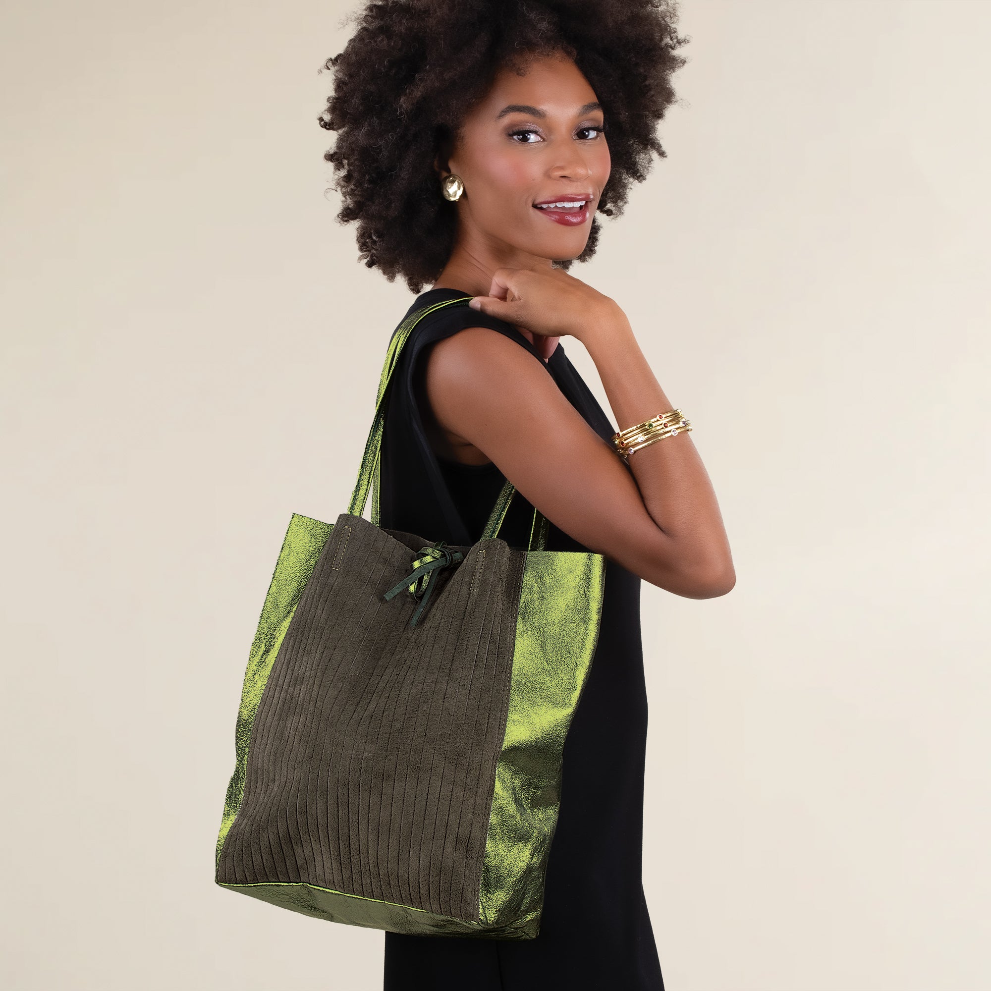 Francesca Mixed Materials Metallic Green Italian Leather & Suede Tote