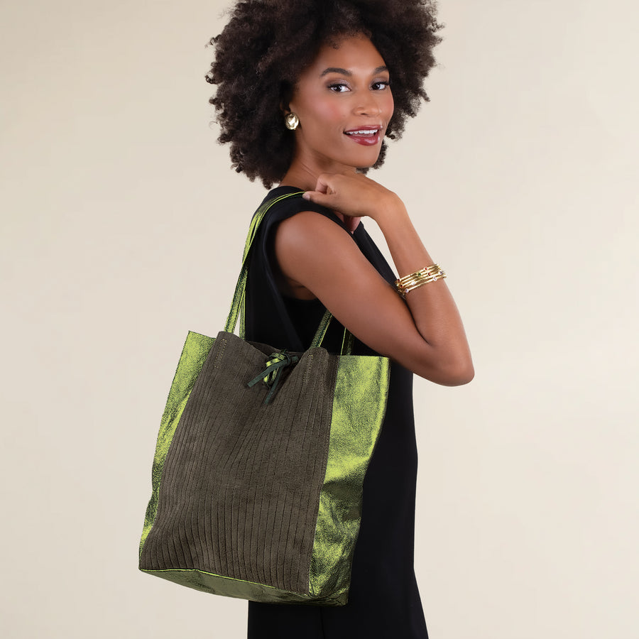 Francesca Mixed Materials Metallic Green Italian Leather & Suede Tote