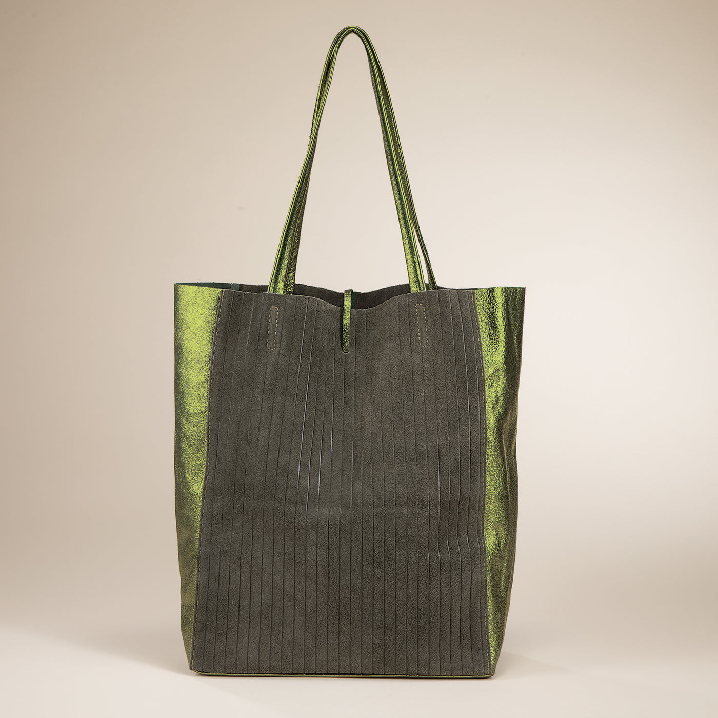 Francesca Mixed Materials Metallic Green Italian Leather & Suede Tote