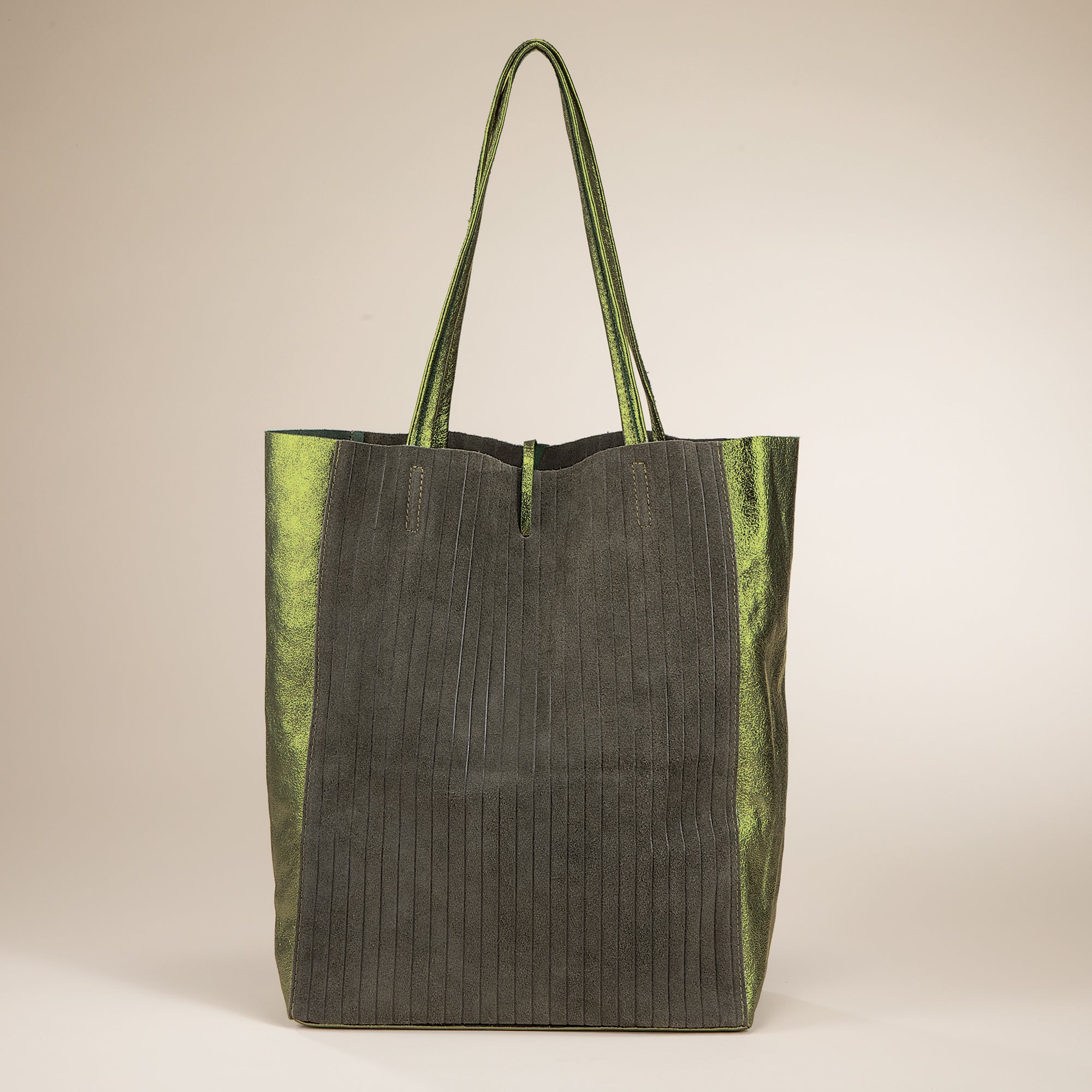 Francesca Mixed Materials Metallic Green Italian Leather & Suede Tote