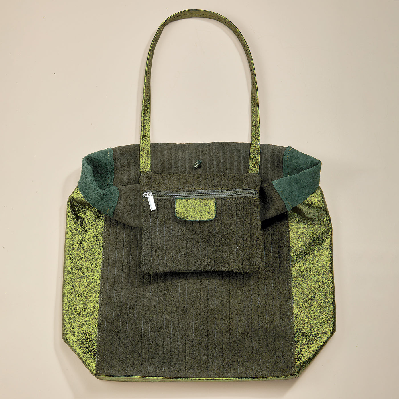 Francesca Mixed Materials Metallic Green Italian Leather & Suede Tote