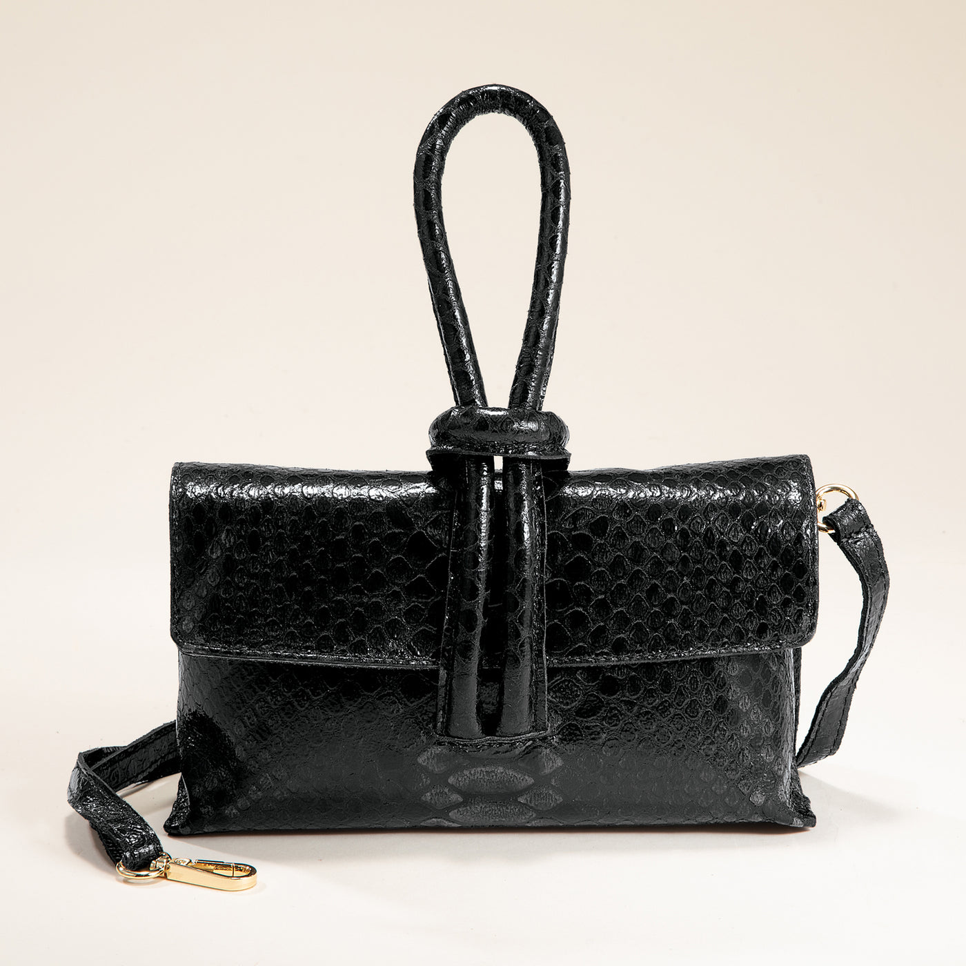 Puglia Black Snakeskin Italian Leather Clutch