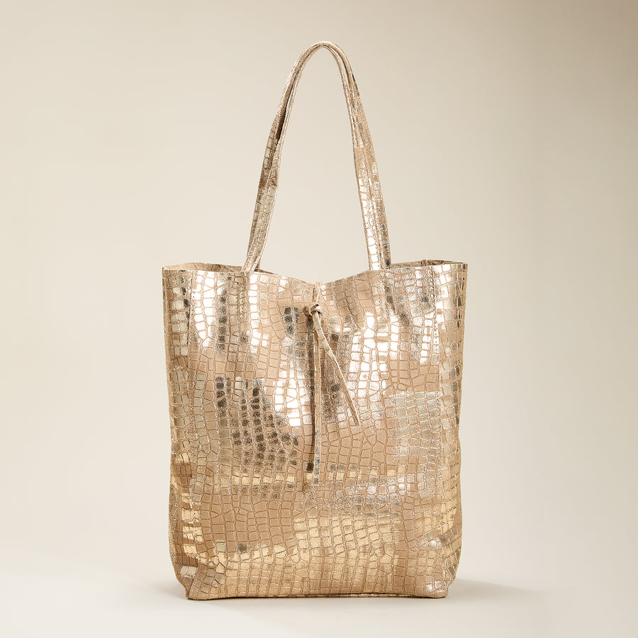 Francesca Mixed Materials Metallic Gold Italian Leather & Suede Tote