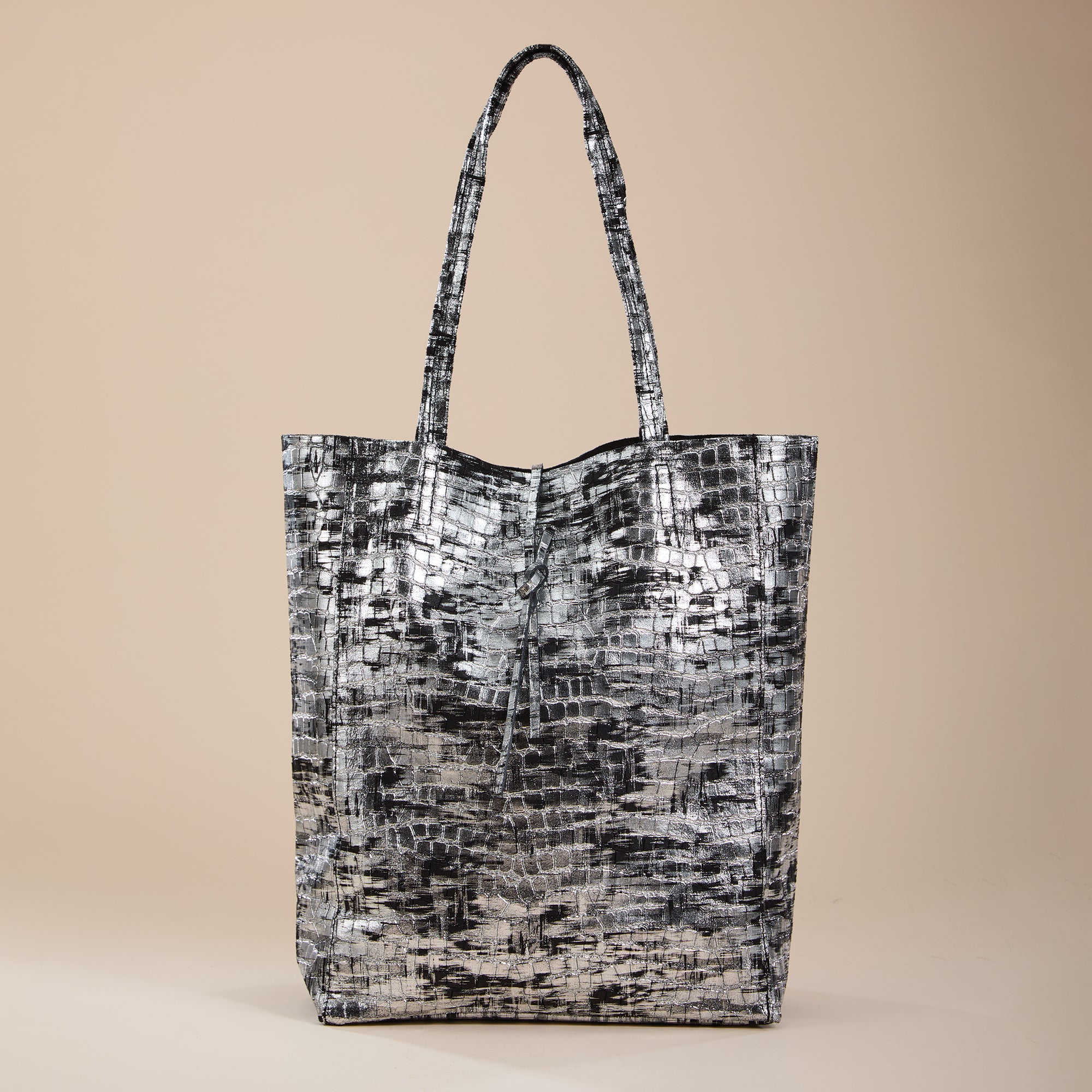 Francesca Black & Metallic Silver Italian Leather Tote