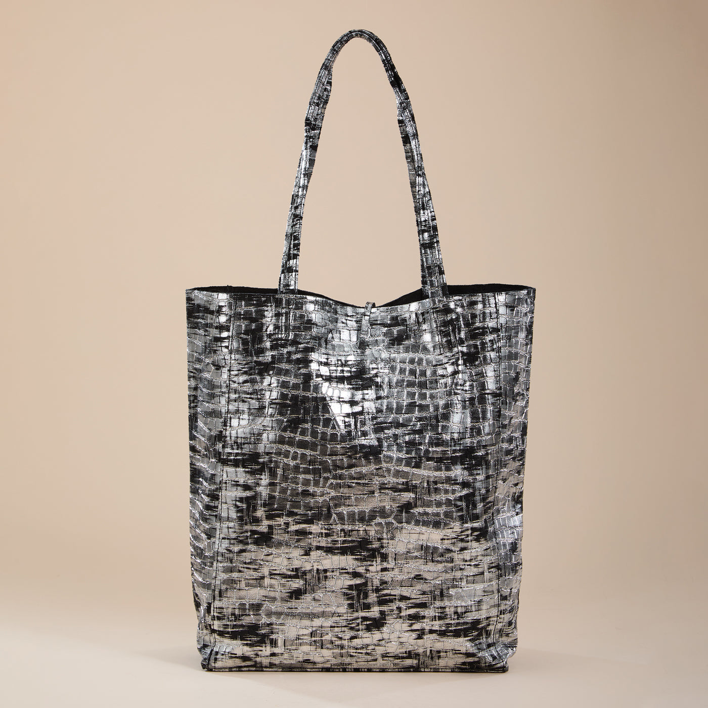 Francesca Black & Metallic Silver Italian Leather Tote