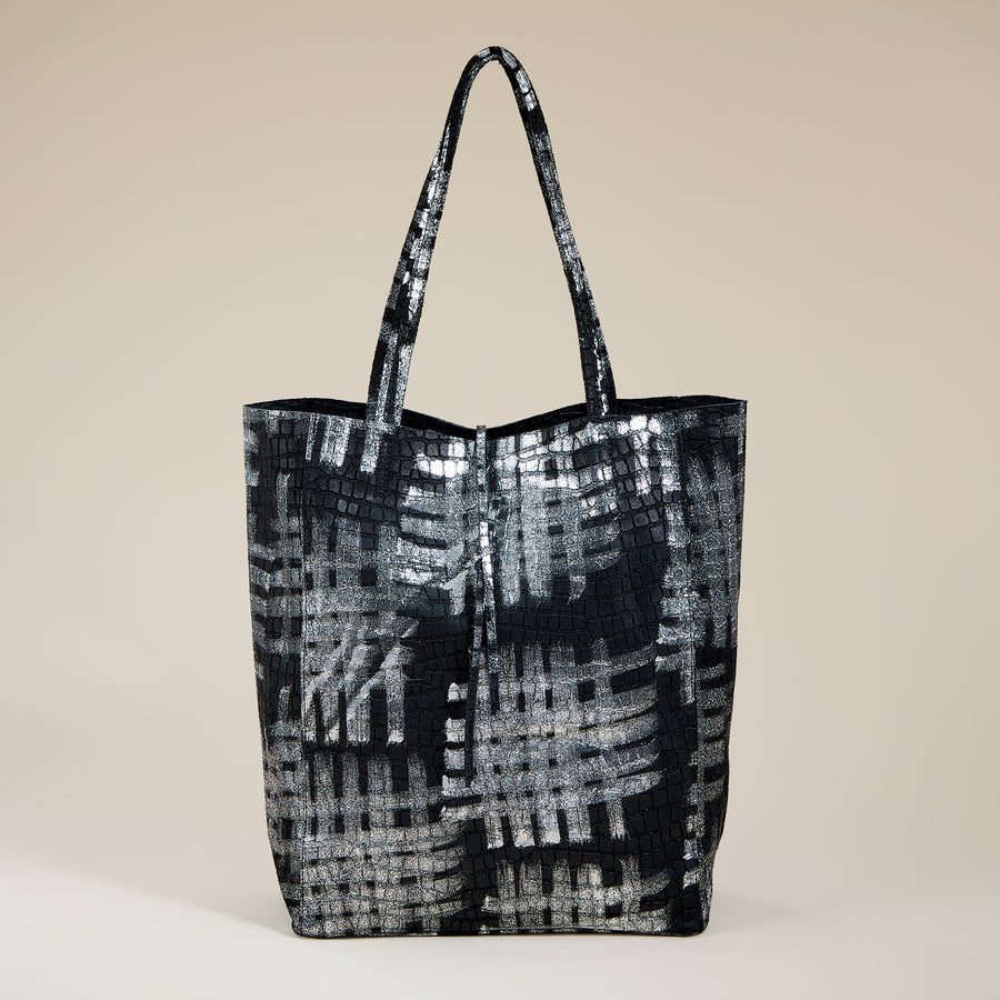 Francesca Black & Silver Metallic Italian Leather Tote (Preorder)